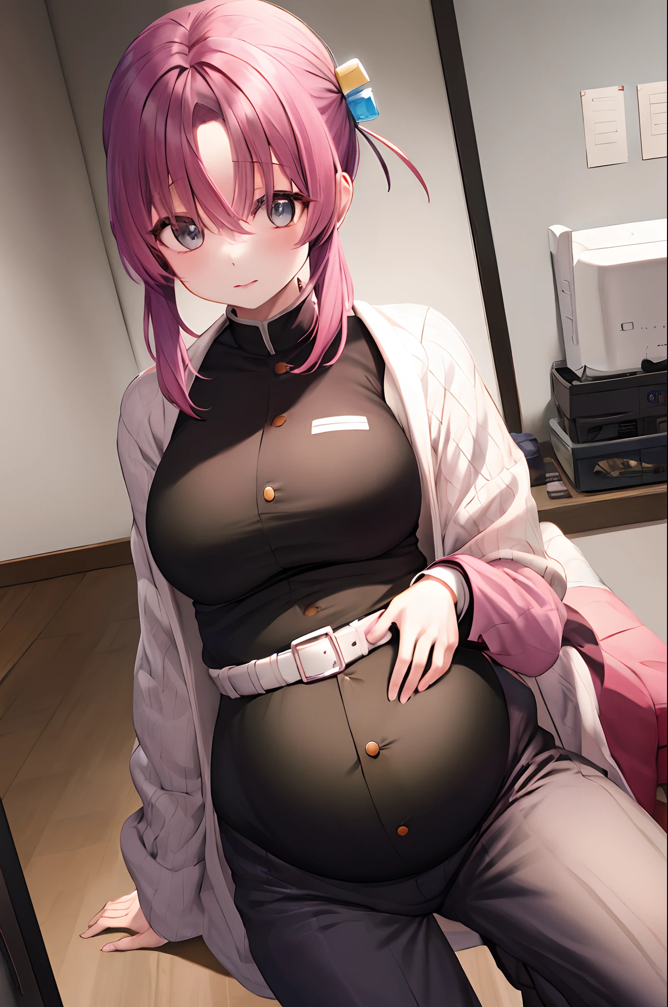 parted bangs, black pants, black jacket, long sleeves, belt, cowboy shot, pink hair, cube hair ornament, pregnant, squat