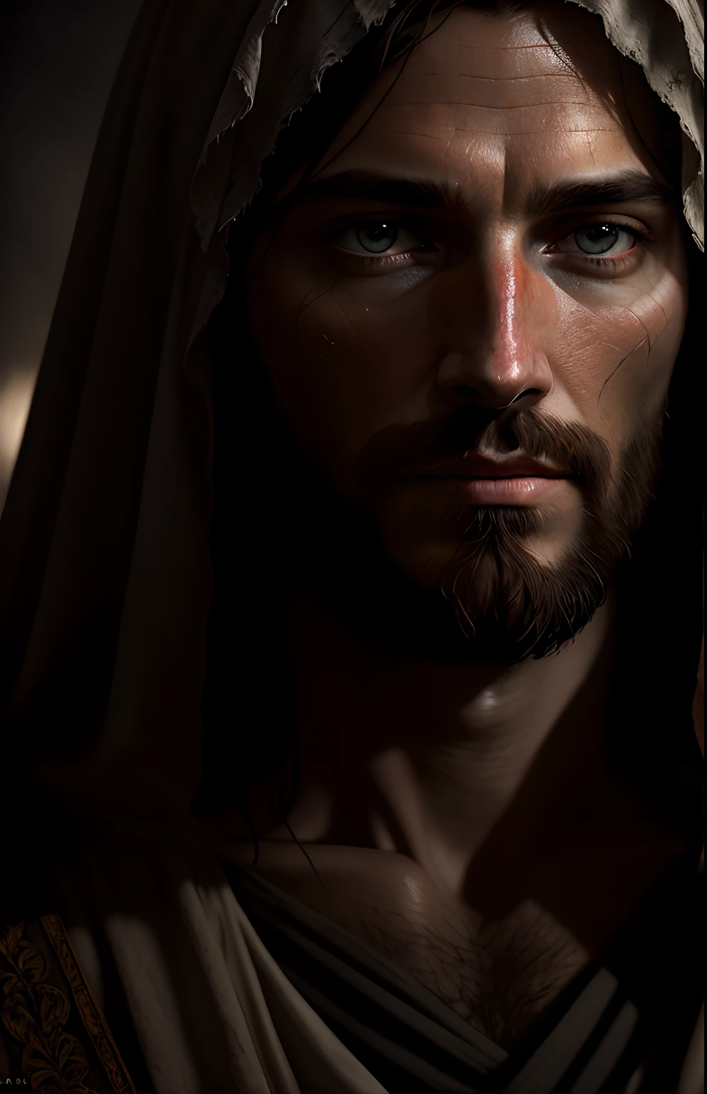 JESUS CHRIST DARK PHOTO: realistic epic, soft cinematic portrait, adobe lightroom, photographic lab, highly detailed, faded, (neutral colors: 1.2), (hdr: 1.4) , (soft colors:1.2), hyperdetailed, (artstation:1.4), cinematic, warm lights, dramatic light, (intricate details:1.1), complex background, (rutkowski:0.66), (blue and orange:0.4)