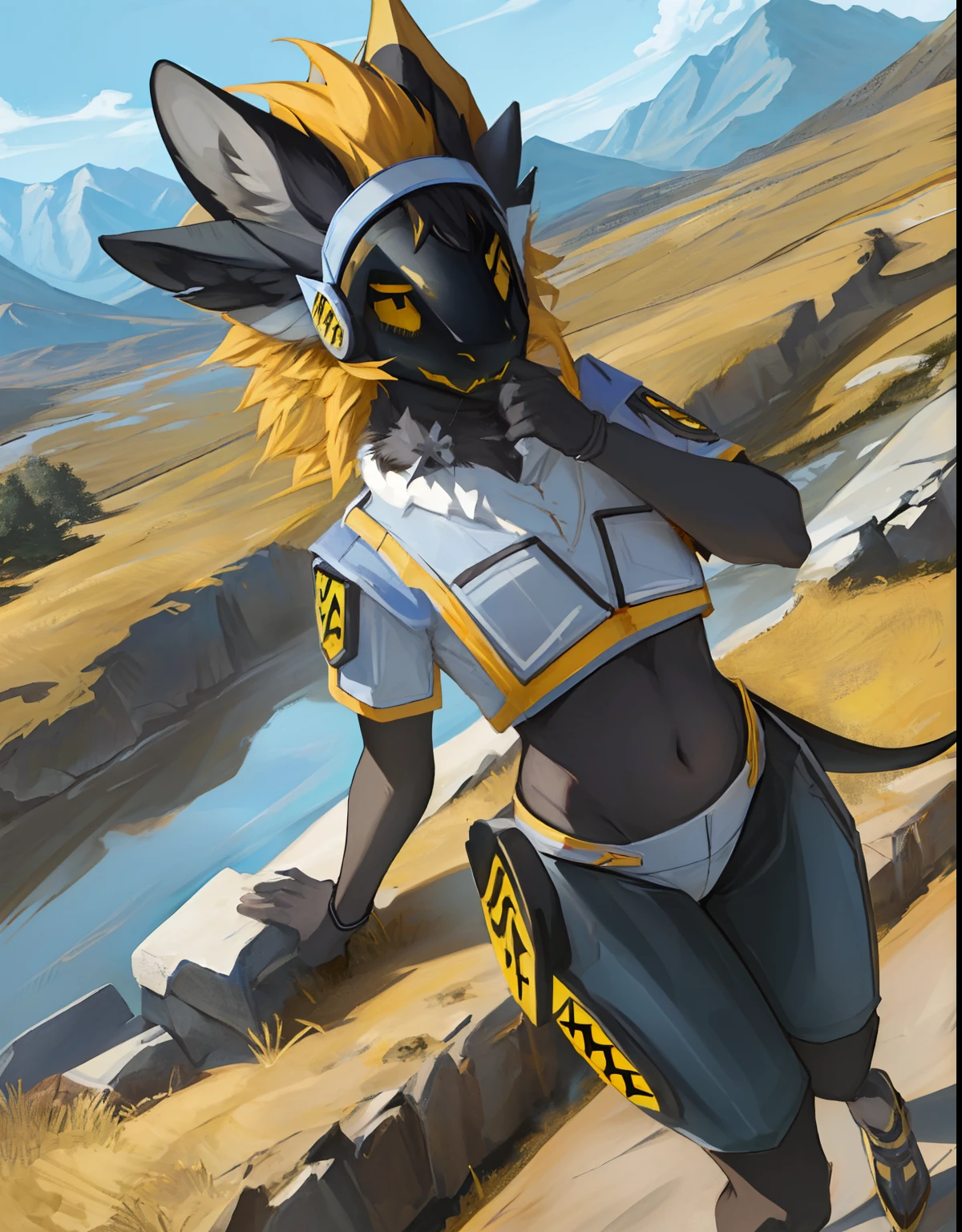 (highly detailed illustration:1.2), best quality, masterpiece, natural lighting, protogen, (protogen face:1.1), (protogen visor:1.1), tail, torso, yellow eyes, glossy fur, glossy hair, gray fur, standing, gravel road, winding road, windy, windy leaves, blowing leaves, trees, mountains, hills, forest, landscape, maw open, teasing veiwer of being vored, saliva in maw