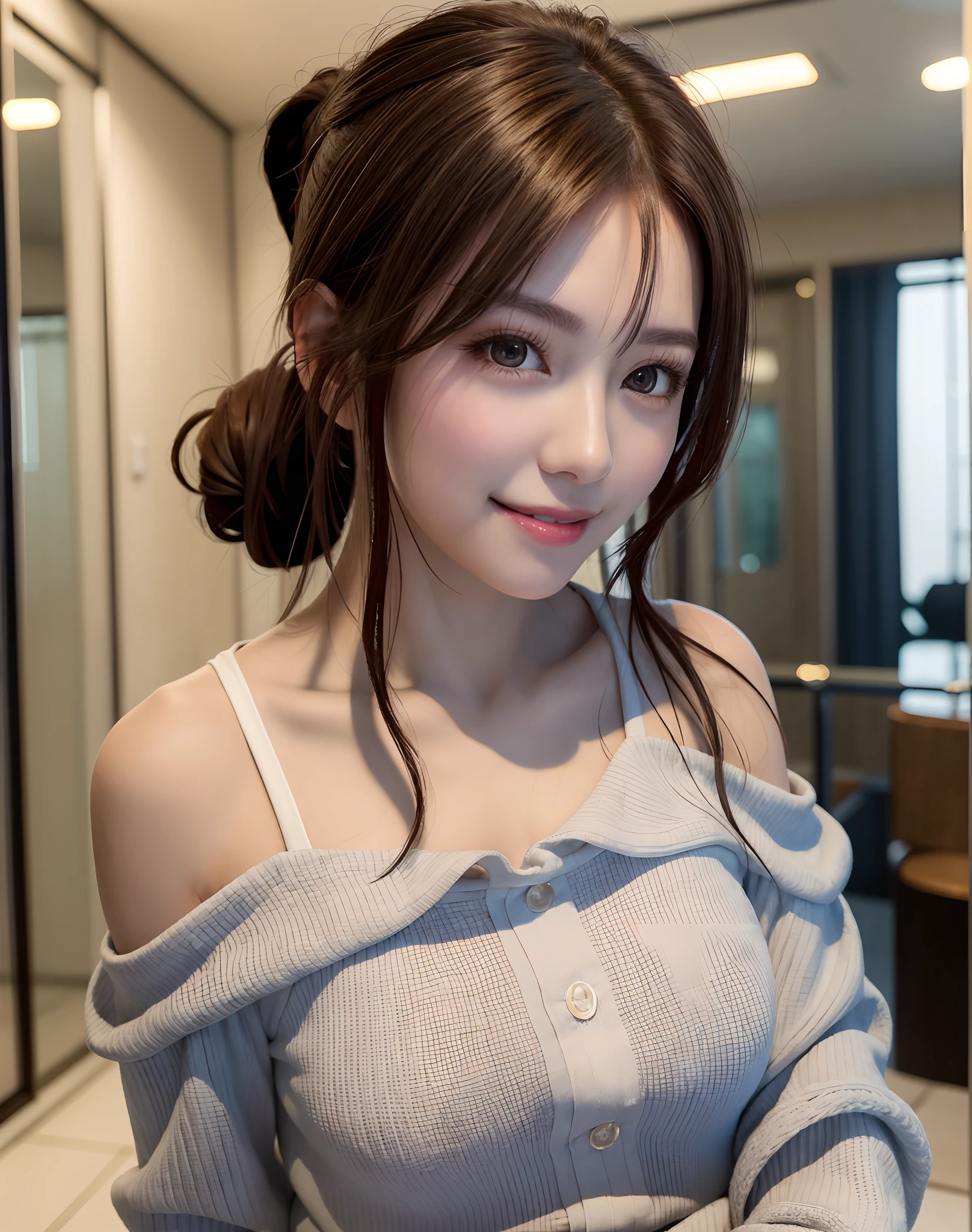 (Best Quality), (masutepiece), (High resolution), (Intricate details:0.2),(Professional Lighting), dressing gown, Detailed background,off shoulders, (Previous view), 1girl in, Solo, (Beautiful face),  Slim body, Fine skin, Smile, brown hair in a ponytail, Beautiful eyes,  look at at viewer,