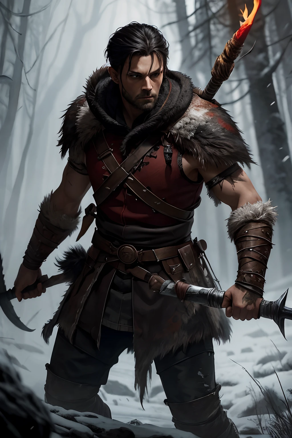 primal nordic hunter holding a torch, clothed in hides, attack pose, torch in hand, evil, red war paint, human male, thin body, black hair, fantasy artwork, white background, rpg character concept, oil painting, Intricate, High Detail, Sharp Focus, Dramatic and Photorealistic Painting Art by Midjourney and Greg Rutkowski