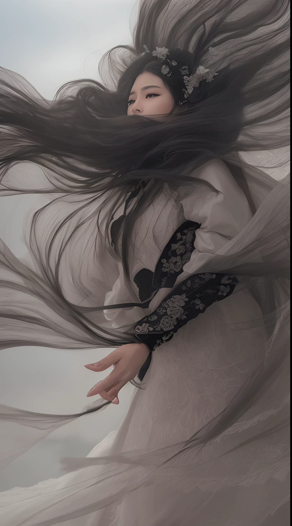 (Best quality,4K,high resolution,Masterpiece:1.2), Ultra-detailed, Photorealistic, Black and white hanfu with black embroidery, Elegant white ponytail, long and flowing hair, White mask, The mask flutters in the wind, Fringed Hair Ornament, Peony flower, Ancient wind, oversized sleeves, Dynamic posing, Dramatic composition, Falling petals, red waistband, intricate background, Ancient architecture, A thin mist and thick clouds, Swirling clouds, Cinematic lighting, Complex feather background.