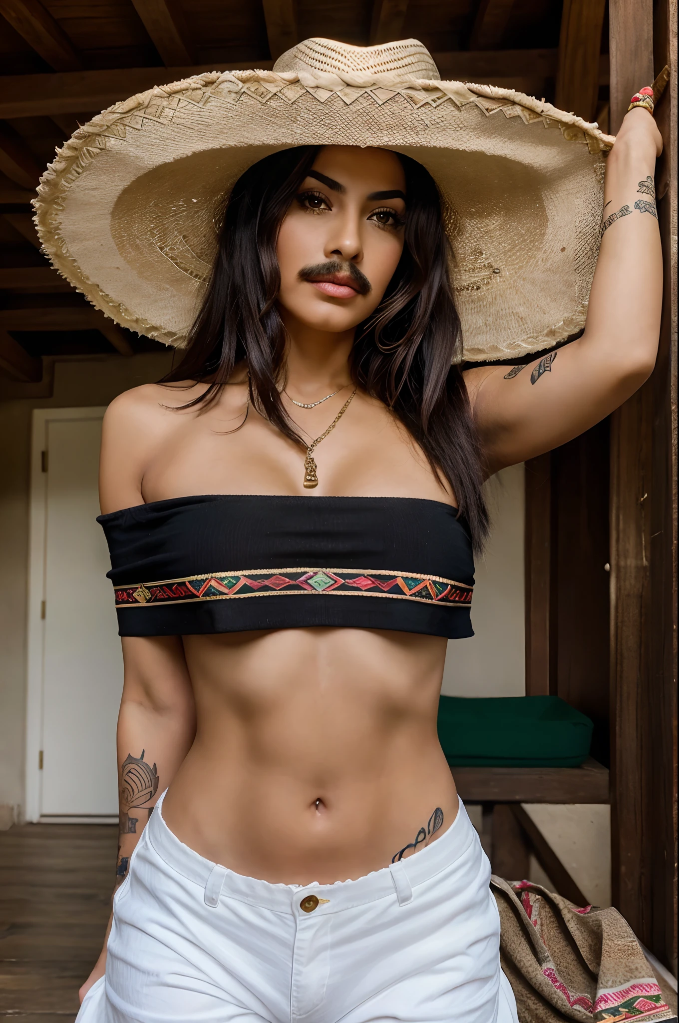 latin a assertive, arrogant, offensive attitude of superiority, Latinos mexican girl wearing sombrero and a mustache covered in tattoos