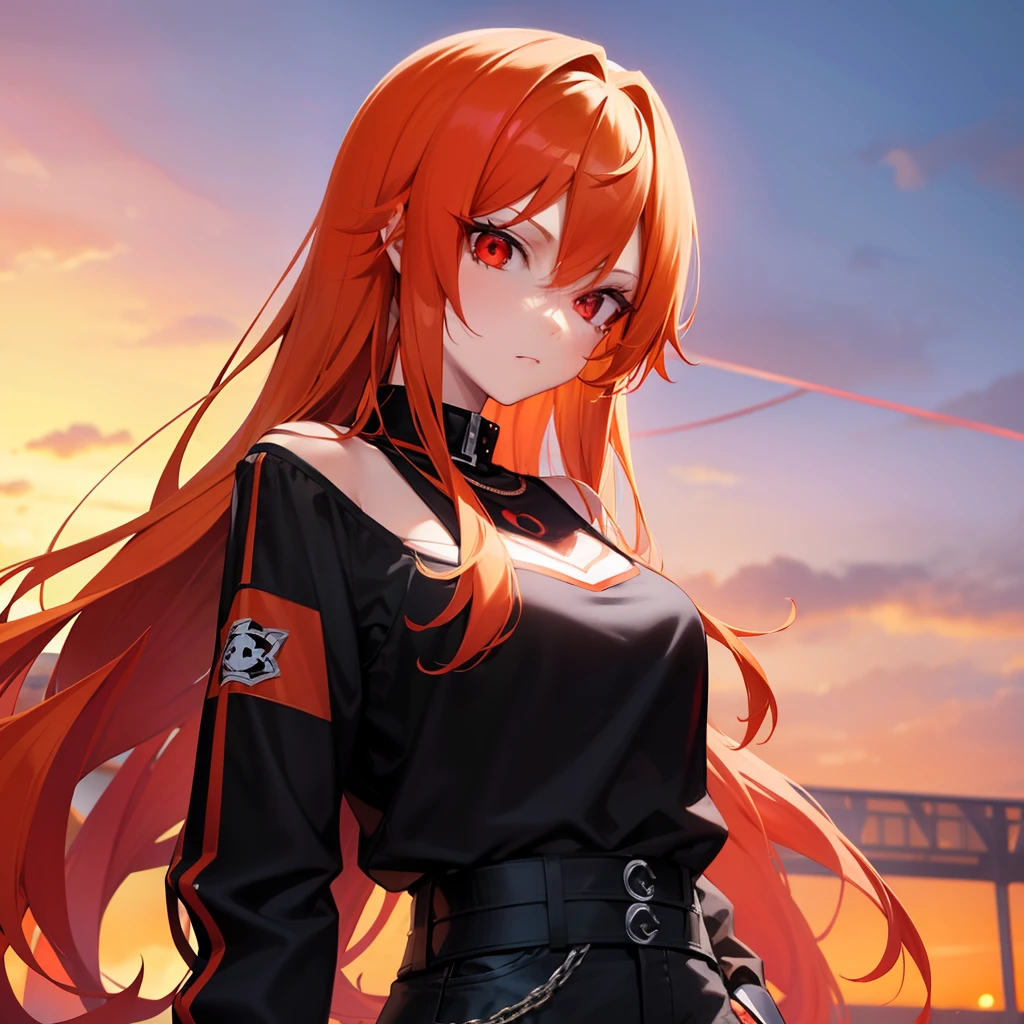 A pretty anime lady, wearing a bad girl clothe, orange hair, crimson red eyes, a bad girl, looking at you with a poker face, human.