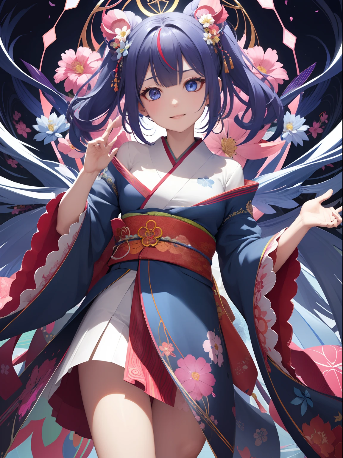 (absurderes、hight resolution、ultra-detailliert)、1girl in、Beautiful woman、Pink twin-tailed hair、length hair、Blue eyes、red kimono、finely eye and detailed face、the Extremely Detailed CG Unity 8K Wallpapers、intricate-detail、BREAK、kaleidoscopic imagery、Symmetrical pattern、vivd colour、Geometric shapes、mesmerizing designs、optical illusion、Dynamic Composition Breaker、pantomime art、expressive body language、Quiet storytelling、evocative gestures、 visual narratives、Play Break Ha、blooming flowers、Multicolored petals、fragrant scents、nature's bounty、vibrant gardens、Tranquil landscape
