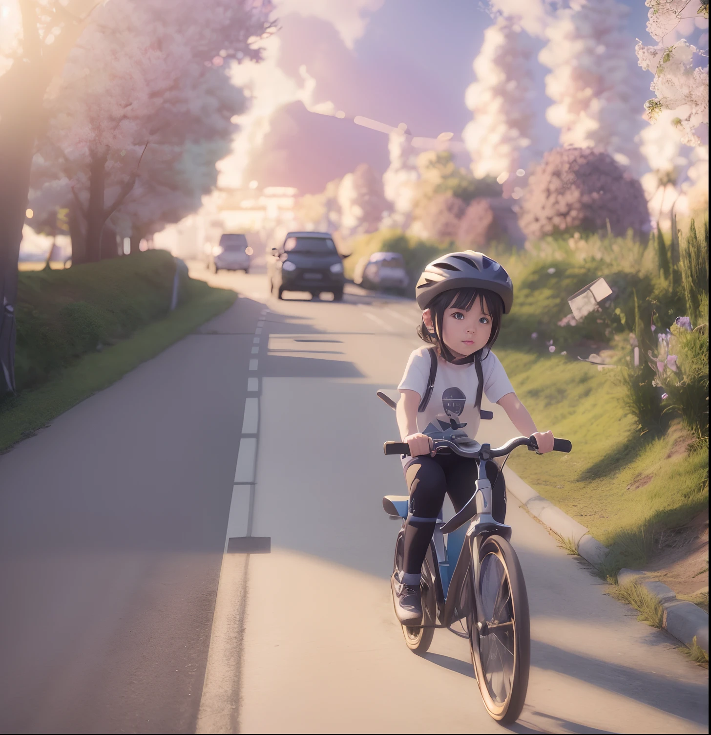 there is a young girl riding a bike down the street, realistic anime 3 d style, riding on the road, animation style render, makoto shinkai. octane render, anime styled 3d, cycling!!, photorealistic anime, 3 d anime realistic, artwork in the style of guweiz, from yowamushi pedal,(hyperrealism:1.1),(detailed:1.2)