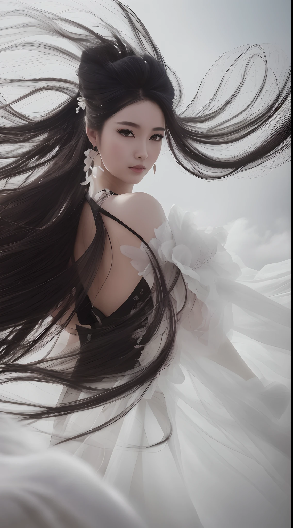(Best quality,4K,high resolution,Masterpiece:1.2), Ultra-detailed, Photorealistic, Black and white hanfu with black embroidery, Elegant white ponytail, long and flowing hair, White mask, The mask flutters in the wind, Fringed Hair Ornament, Peony flower, Ancient wind, oversized sleeves, Dynamic posing, Dramatic composition, Falling petals, red waistband, intricate background, Ancient architecture, A thin mist and thick clouds, Swirling clouds, Cinematic lighting, Complex feather background.