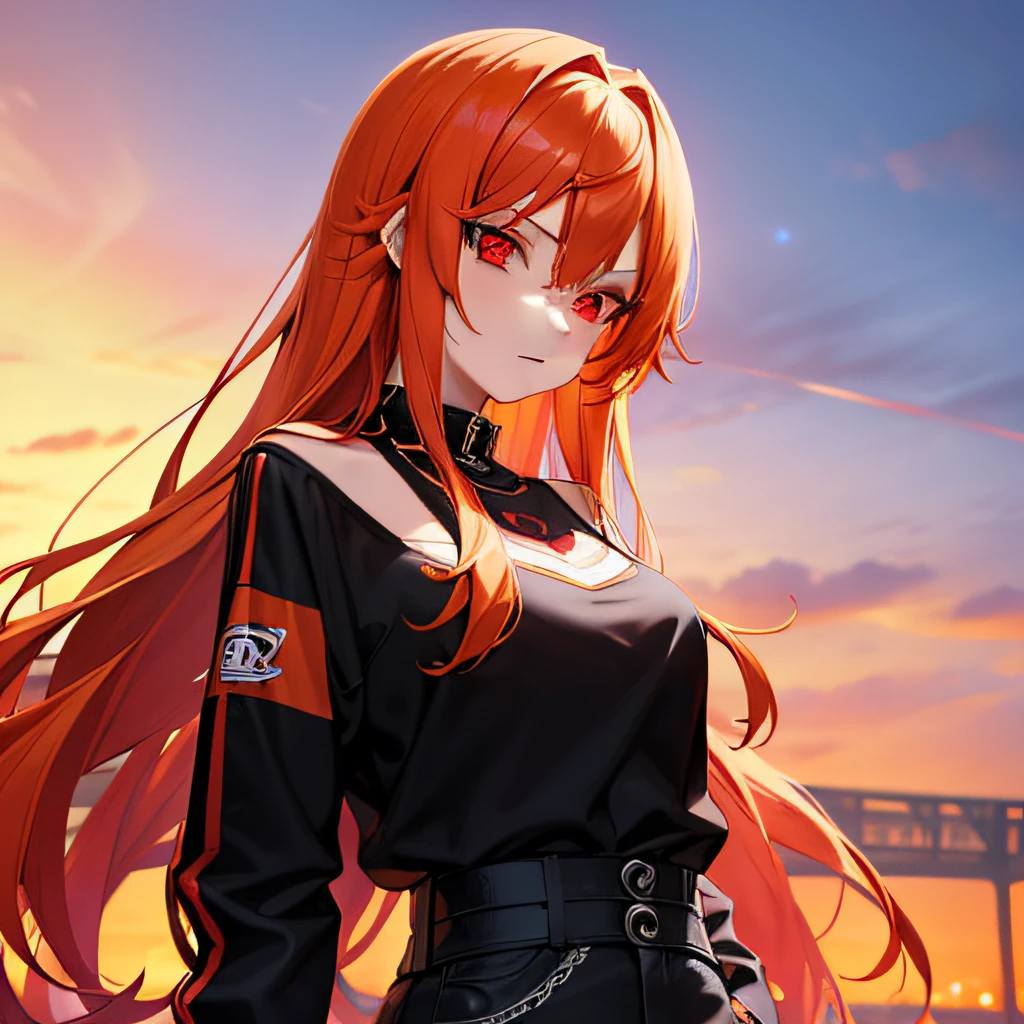 A pretty anime lady, wearing a bad girl clothe, orange hair, crimson red eyes, a bad girl, looking at you with a poker face, human.