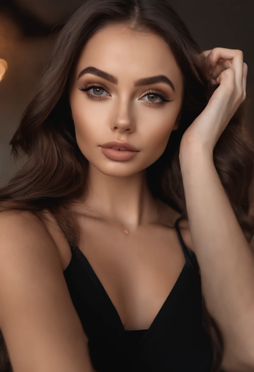 Arafed Mujer totalmente , Chica sexy con ojos marrones, ultra realista, meticulosamente detallado, Retrato Sophie Mudd, brown hair and large eyes, selfie de una mujer joven, on sofa, Violeta Myers, sin maquillaje, Maquillaje natural, staring directly into camera, cara con artgram, maquillaje sutil, Impresionante foto de cuerpo completo arrodillado en la cama, En el dormitorio, Medium to large bust breasts outwards, desnuda