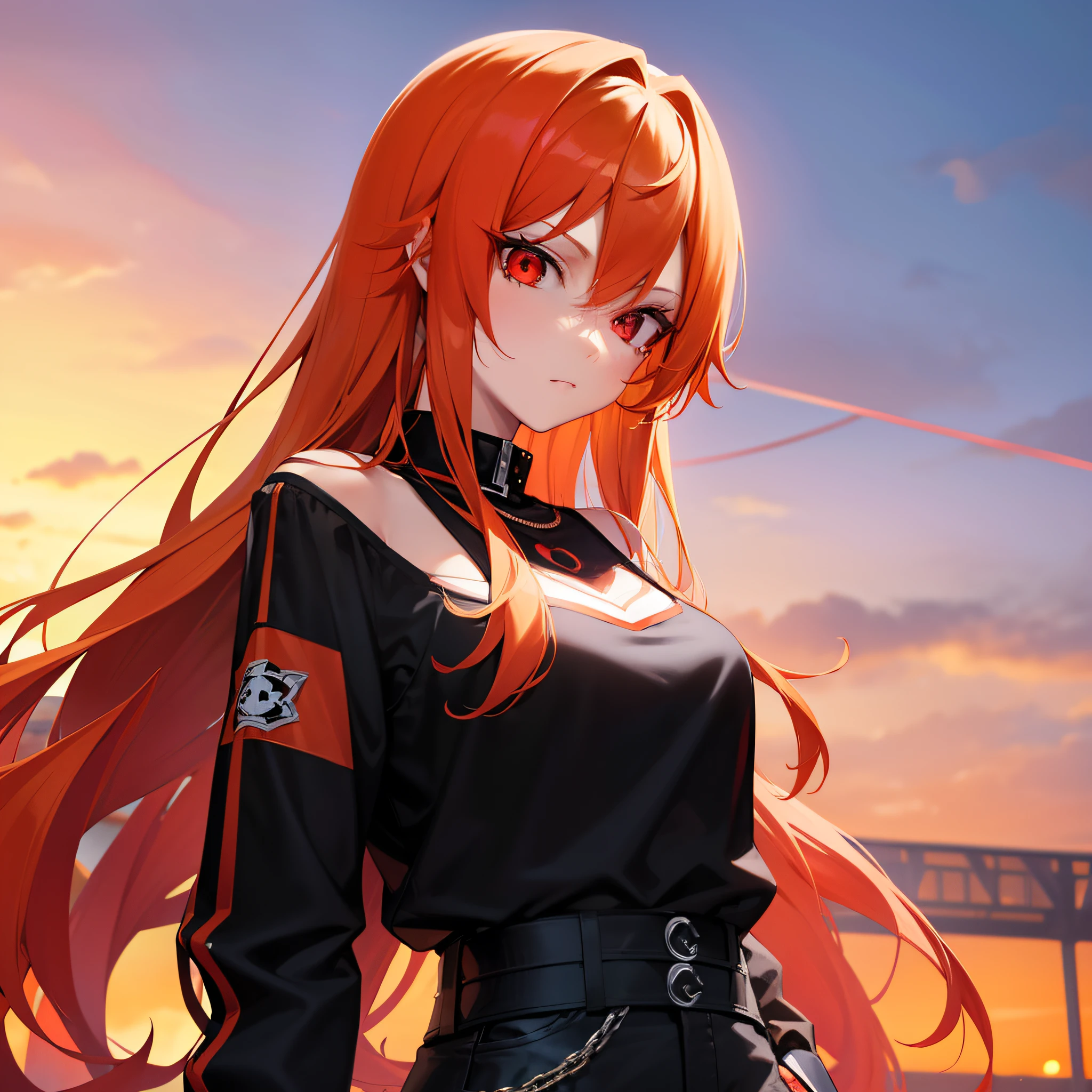 A pretty anime lady, wearing a bad girl clothe, orange hair, crimson red eyes, a bad girl, looking at you with a poker face, human.