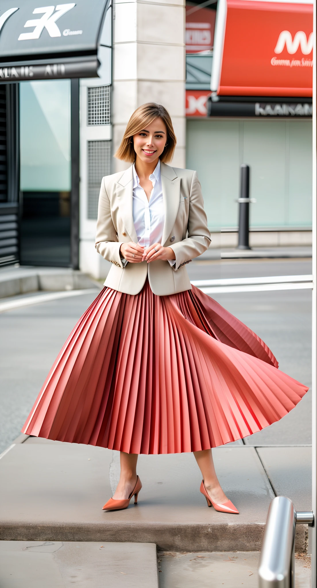 very (seductive:1,9) smiling attractive lesbian woman wearing short blazer and very very detailed (long (fully pleated) full circle skirt) and (simple) low heeled office shoes, very very intricate hyper-detailed symmetric (attractive graceful young feminine face) with (sad, tired eyes and a shy smile), large breasts, full of empathy and compassion and love, (pronounced (feminine) features), (highly detailed ultra accurate realistic) hands and fingers, (windy conditions and wind blowing), epic composition, highly detailed attributes, highly detailed atmosphere, (35mm f1.4 Kodak portra 400 photograph), extremely high quality RAW photograph,