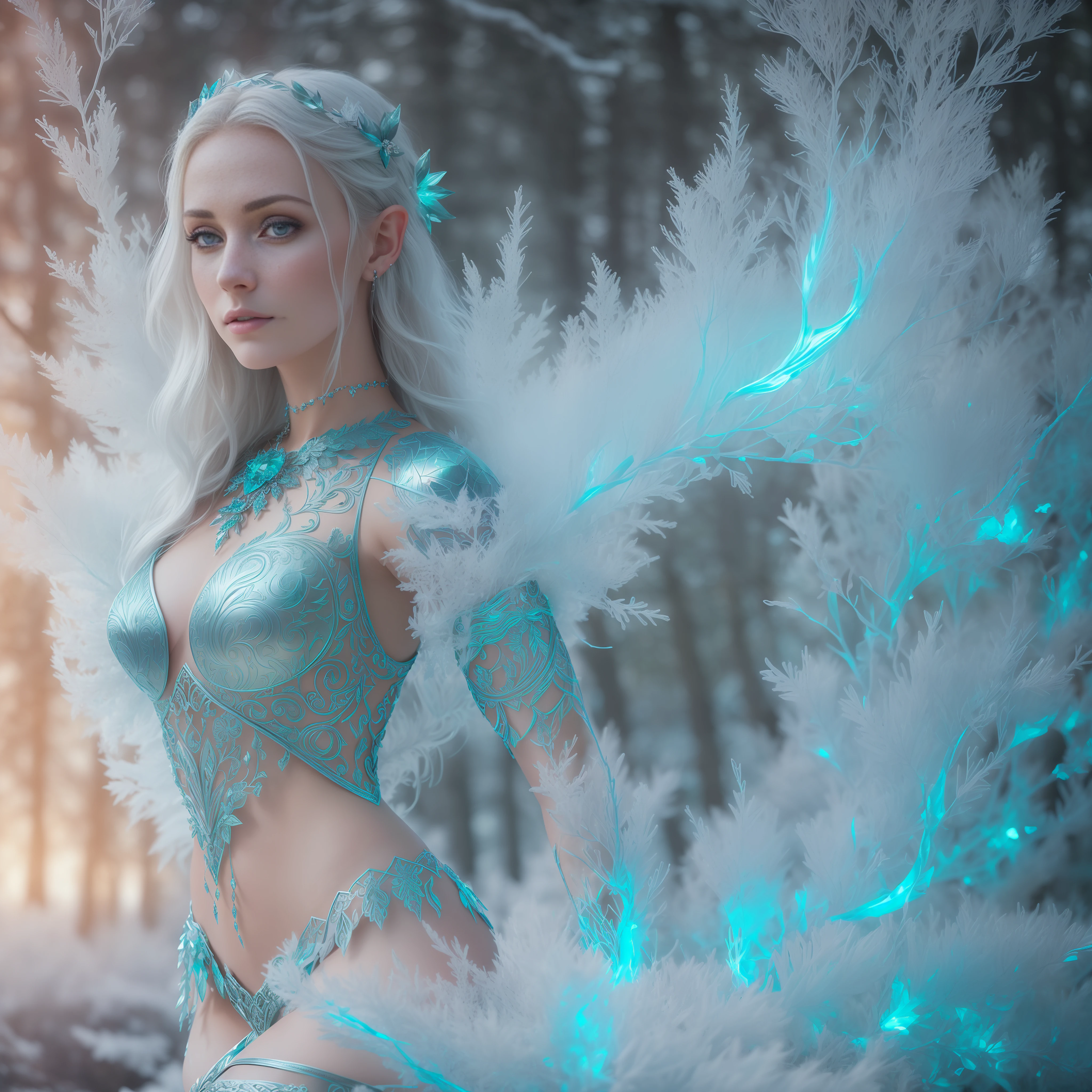 stunningly beautiful (25 year old nordic woman:1.2), elf queen, magical, enchanting, (fantasy-style intricately designed colorful body adornment jewelry covering and wrapping around body:1.2), (Style-ice and fire :1.1), blue tinted eyes, walking forward in a forest made out of ice and frost, lake of fire, super hyper realistic, ultra hyper-realism, real life digital photo, stunningly beautiful, ultra high definition, ultra hires, 8k quality, stunning details, , large breasts, cinematic, RAW candid cinema, studio, 16mm, ((color graded portra 400 film)) ((remarkable color)), (ultra realistic), textured skin, remarkable detailed pupils, ((realistic dull skin noise)), ((visible skin detail)), ((skin fuzz)), (dry skin), shot with cinematic camera, unreal engine, octane render, bokeh, vray, houdini render, quixel megascans, arnold render, 8k uhd, raytracing, cgi, lumen reflections, cgsociety, ultra realistic, 100mm, film photography, dslr, cinema4d, studio quality, forest made of ice, trees made of ice, shrubs made of fire, water made of lava