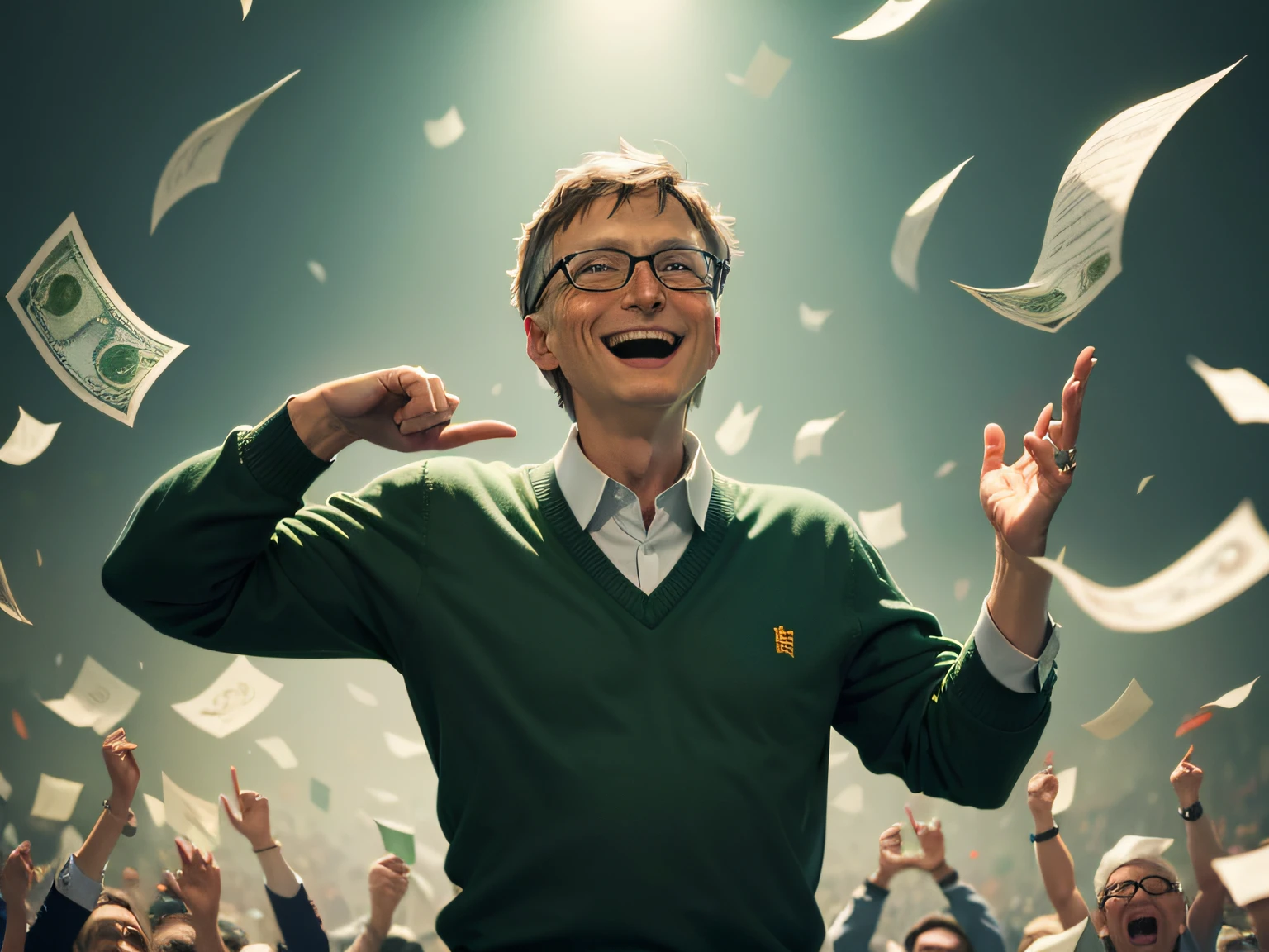 Bill Gates raising his arms and laughing, roupas formais brancas, Holding money in both hands, several ballots flying around you, fundo de cor principal sendo escura, muitas pessoas aplaudindo e comemorando, muitas notas de dinheiro verde voando