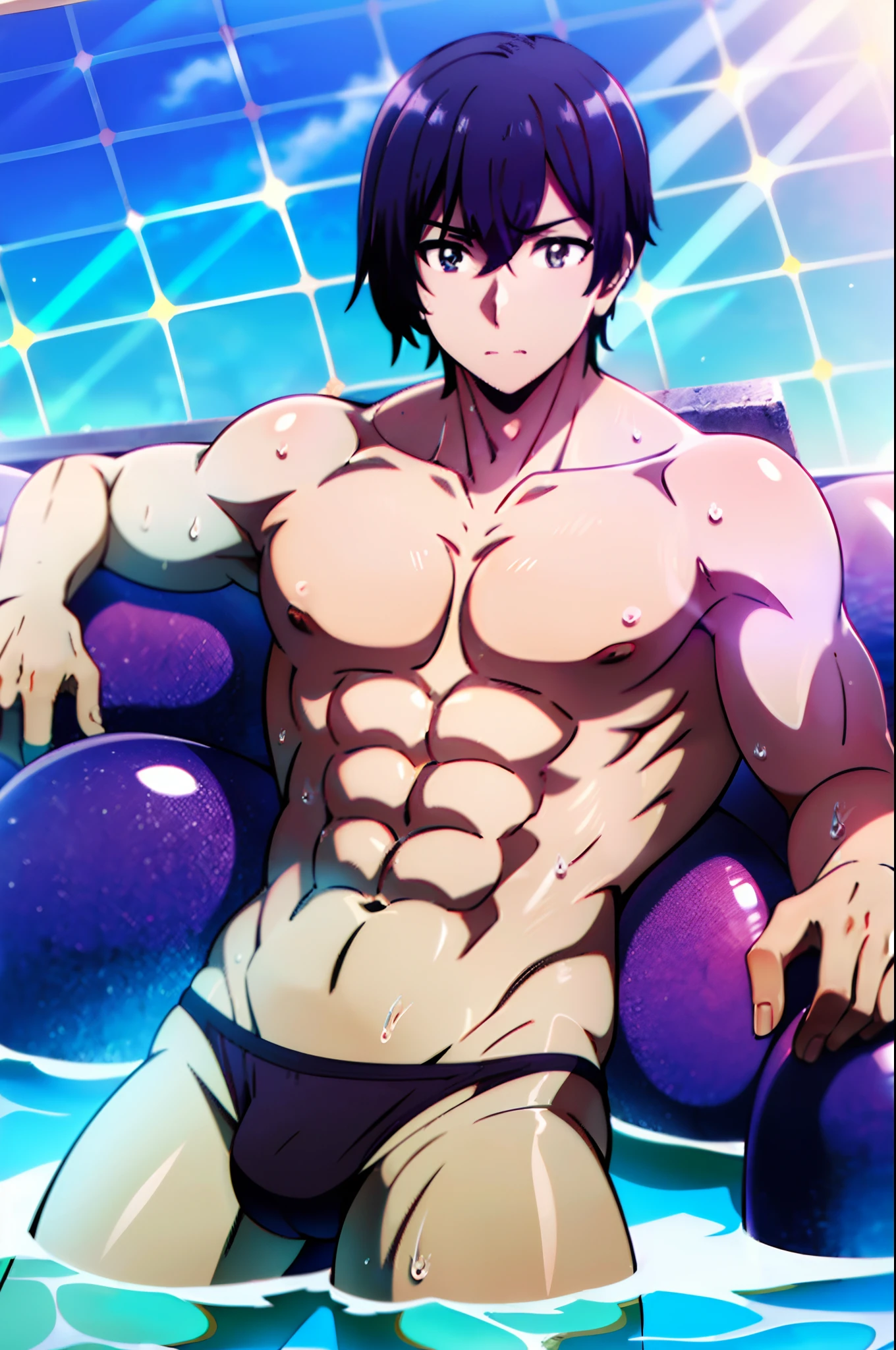 (Ultra High Definition Face), Perfect Anatomy, musculature, (Bulge), Black((Swimming Brief)), Shirtless Man, ((Shiny body)), (toppless), (Super masterpiece), Sunshine, in poolside, hight resolution, (Ultra high definition), 1boy, ((shiny))Swimming Brief,abdominals,frombelow,