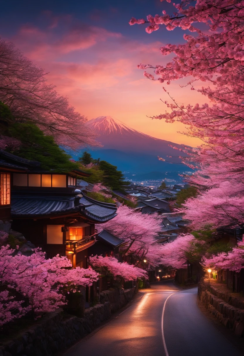 A night mountain road in a Japanese village full of cherry blossoms with a bunch of turns and some buildings Window view