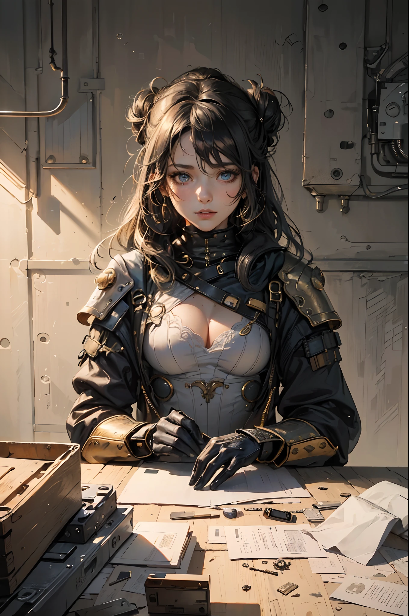 (1girl:1.3), looking at viewer, (steampunk suit, Maven, big natural sagging breast ,cleavage, marked cameltoe,Toned, Round Face, Olive Skin, White Hair, Blue Eyes, Wide Nose, Full Lips, Receding Chin, Short Hair, Straight Hair, Wavy Updo, soft breasts, Threader earrings, golden, matte lipstick, Dystopian steampunk metropolis),(masterpiece, best quality, detailed shiny skin:1.2), flawless, 8k, RAW, highres,absurdres,