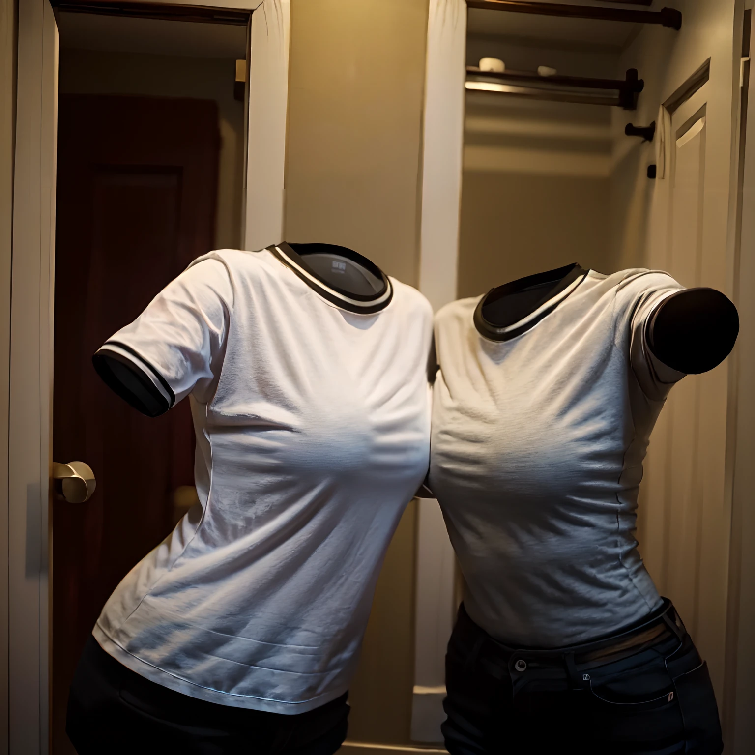 2 girls love each other, school shirt and leggings in closet, ((invisible, no humans:1.5, headless:1.5, handless, legless)), (big breast), (close-up to breast),
(8k, RAW photo, best quality, masterpiece:1.2), (realistic, photo-realistic:1.37),photon mapping, radiosity, ((Hasselblad photography)),physically-based rendering,