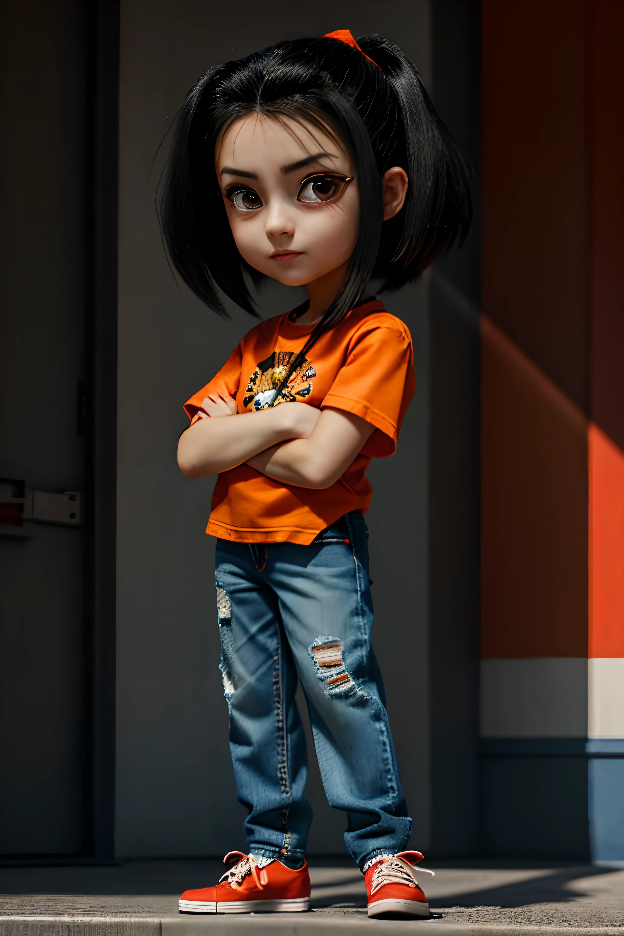 A photo of a girl standing with black hair, orange shirt, blue jeans and red shoes, anime style, very high detailing, natural lighting, HDR, 8K