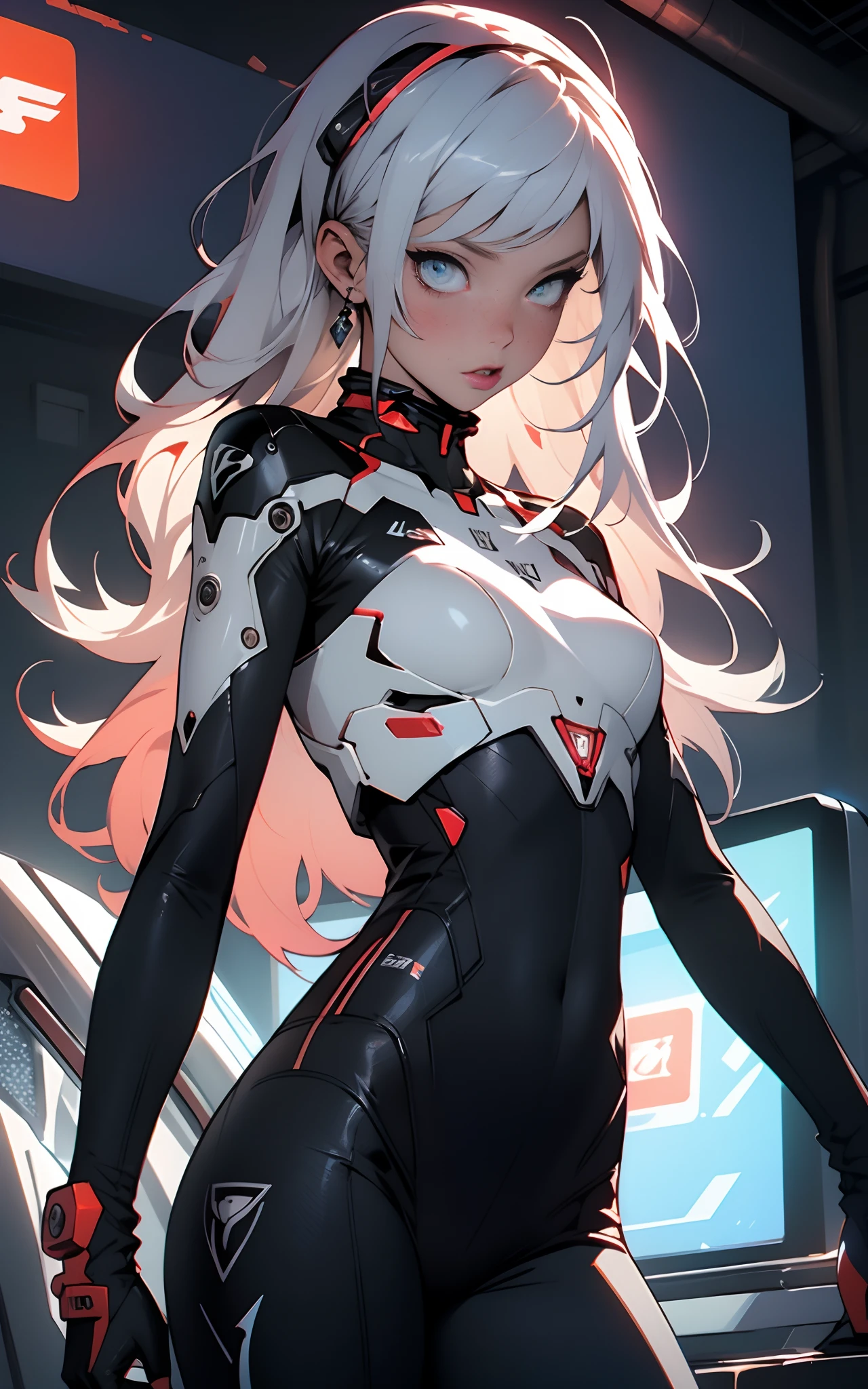 grey hair grey eyes (muscular) curvy (contempt expression) solo pilot suit bodysuit (1 girl) dark atmosphere long hair curly hair