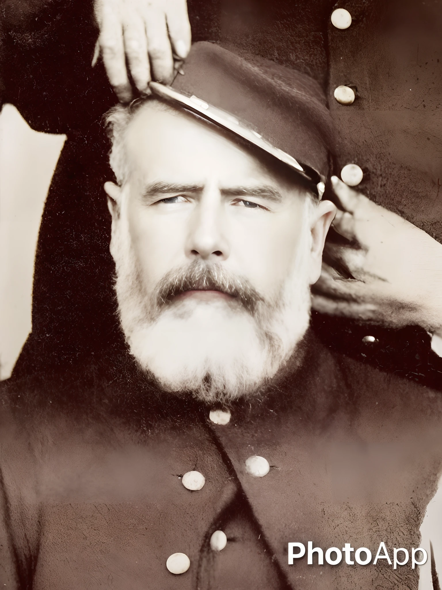 There's a man in uniform putting a hat on a man, Closeup retrato, Highley rosto detalhado, Rali de Theodore, John Cantor Sargant, retrato close - up, Henri Moore, Frank Stephenson, retrato close up, j. Dickenson, j.Dickenson, costeletas de carneiro, Veterano condecorado da Guerra Civil, foto classificada, Guilherme Higginson