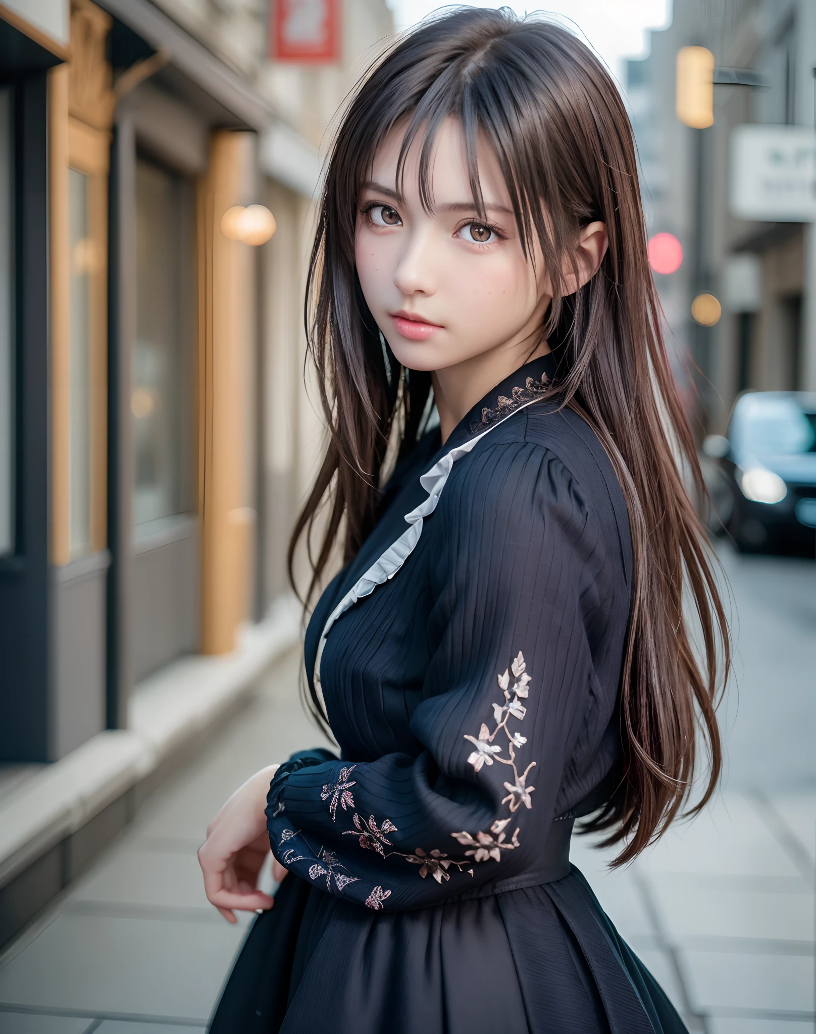 (Black Riders Jacket:1.1), (masutepiece, Best Quality, Pretty girl, Beautiful face, 8K, Raw photo, Photorealistic, absurderes:1.2), teens, Cowboy Shot, Dutch Angle, face lights, Film grain, chromatic abberation, hight resolution, ultra-detailliert, finely detail, Light blue ruffled lace dress, Detailed skin, eyes and face, Sharp pupils, Realistic pupils, Sharp Focus, Street