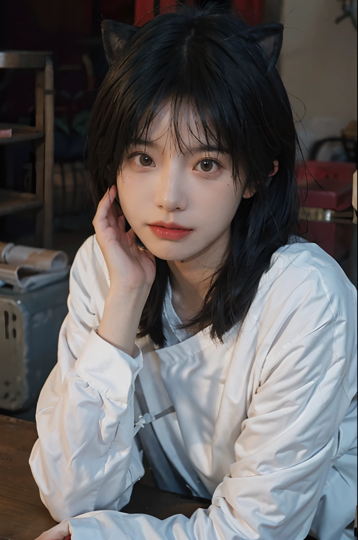8K,nsfw、 Best Quality, masutepiece, Ultra High Resolution, (Realism: 1.4), Original photo, Colors inspired by red、(True skin texture: 1.3), (Film grain: 1.3), (Other angles), wide-angle lens, Bow sleigh、Beautiful eyes and face details, masutepiece, Best Quality, close up, Full body, Look at the viewer,Blue Ribbon、greys、White Bob Cut、18year old、Cat's ears
