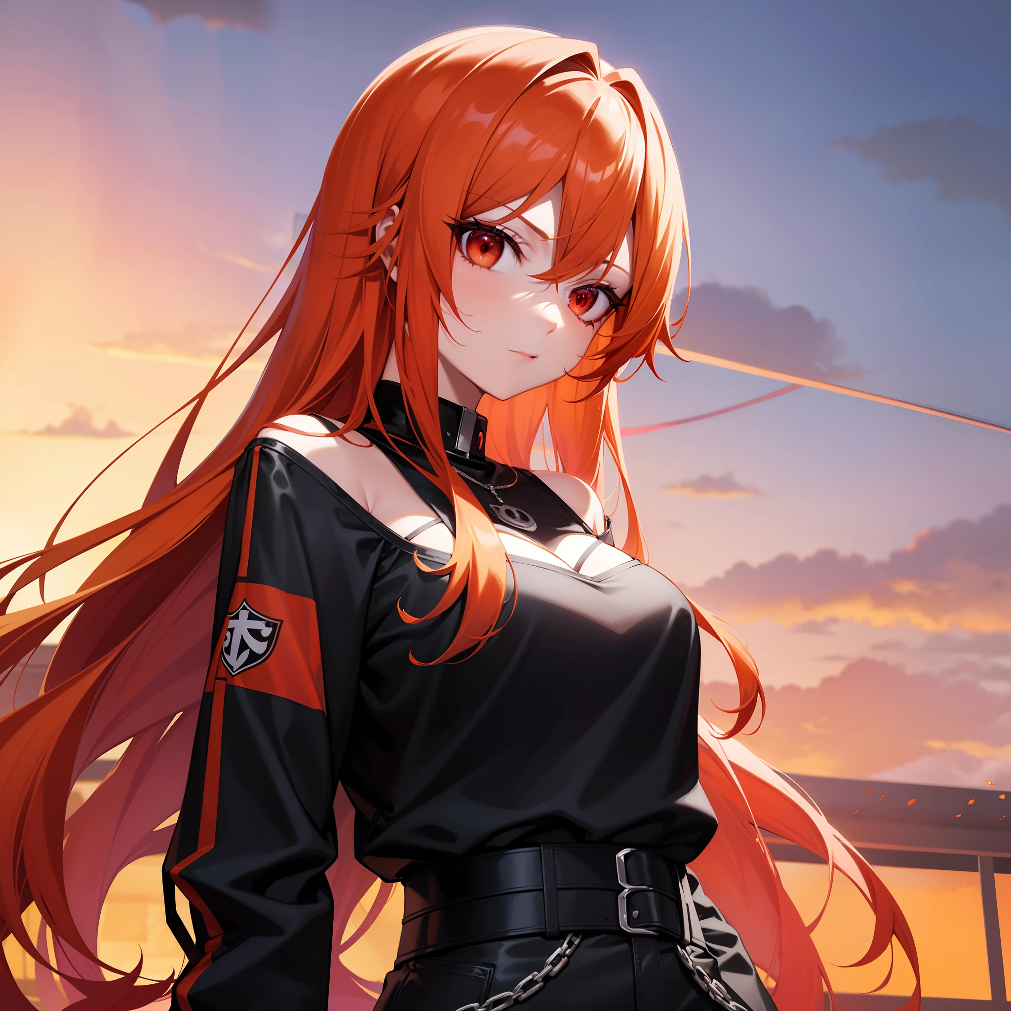 A pretty anime lady, wearing a bad girl clothe, orange hair, crimson red eyes, a bad girl, looking at you with a poker face, human.