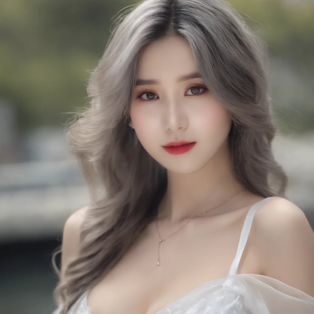 top-quality、超A high resolution、(Photorealsitic:1.4)、女の子1人、Off-shoulder white shirt、Black tight skirt、Black Choker、(faded ash gray hair:1)、(huge-breasted:1.2)、looking at viewert、a closeup、Beauty cleavage real photo beautiful girl 18 years old 20 years old 21 years old 19 years old 8K