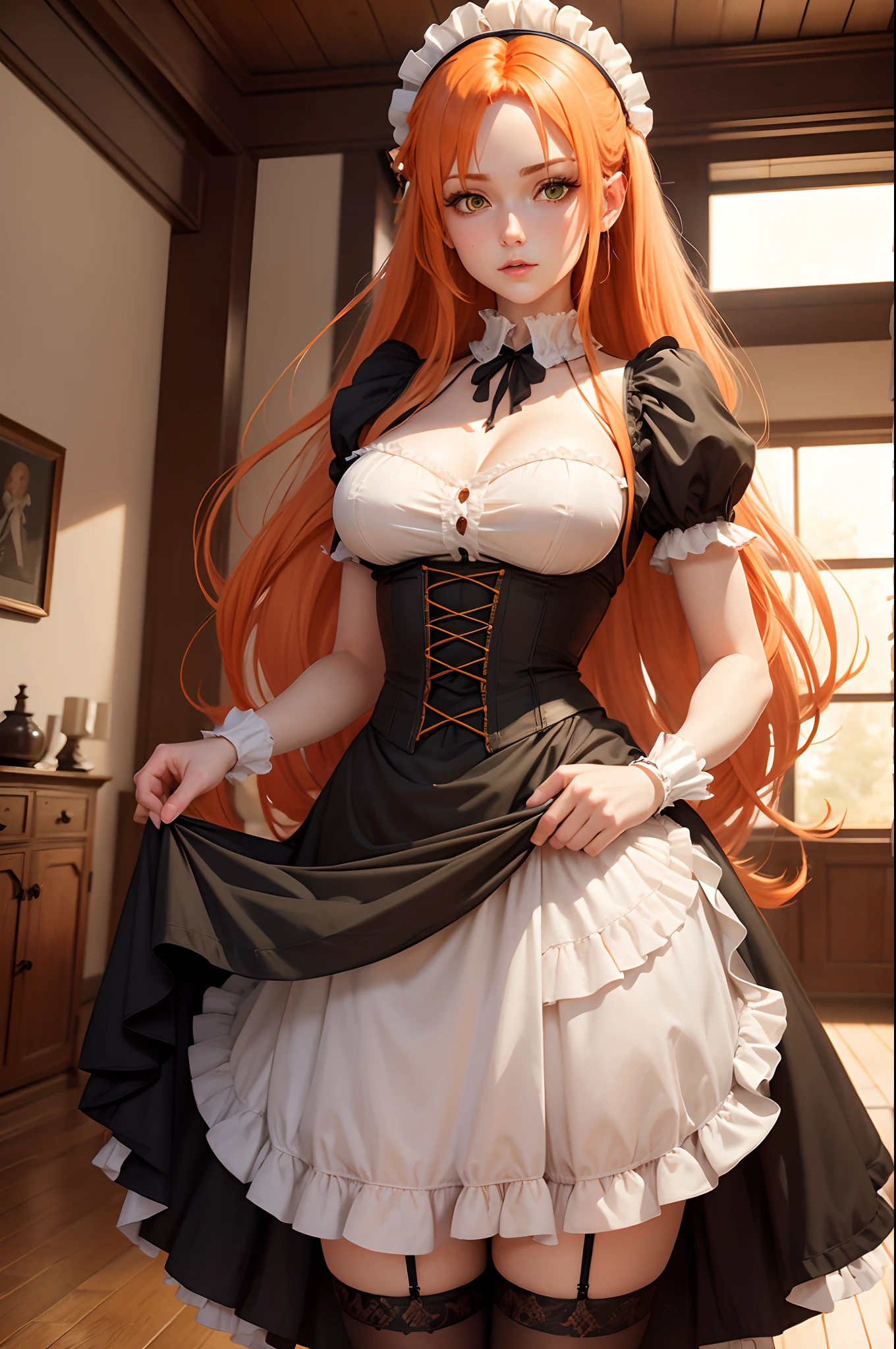 /draw apron orange_hair green_eyes breasts breasts_out couch dress female frills gloves highres koruse large_breasts long_hair looking_at_viewer lying maid maid_apron maid_headdress no_panties original solo thighhighs white_gloves