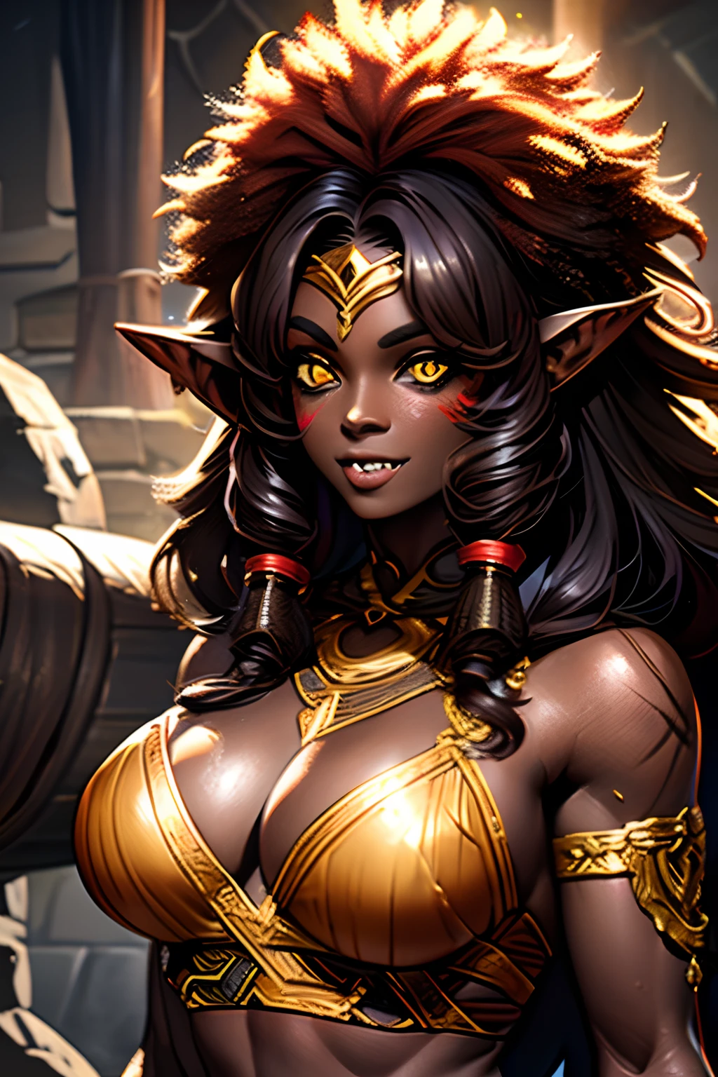 Woman with red skin, yellow eyes, muscled, afro hair, african hair, curly afro hair, poofy afro hair, black hair, elf ears, masterpiece, ultra definition, dnd hobgoblin, female hobgoblin, druid, barbarian, wild woman, red skin, warrior woman, red skinned female, lion mane, loincloth, tribal clothes, beautiful face, young face, cute face, gentle eyes, sharp teeth, fangs, imposing presence, standing tall and strong, red and yellow bikini, red and gold scheme, golden jewelry, sexy pose, high charisma, fangs, claws, elven ears, SFW, pointy ears!!!