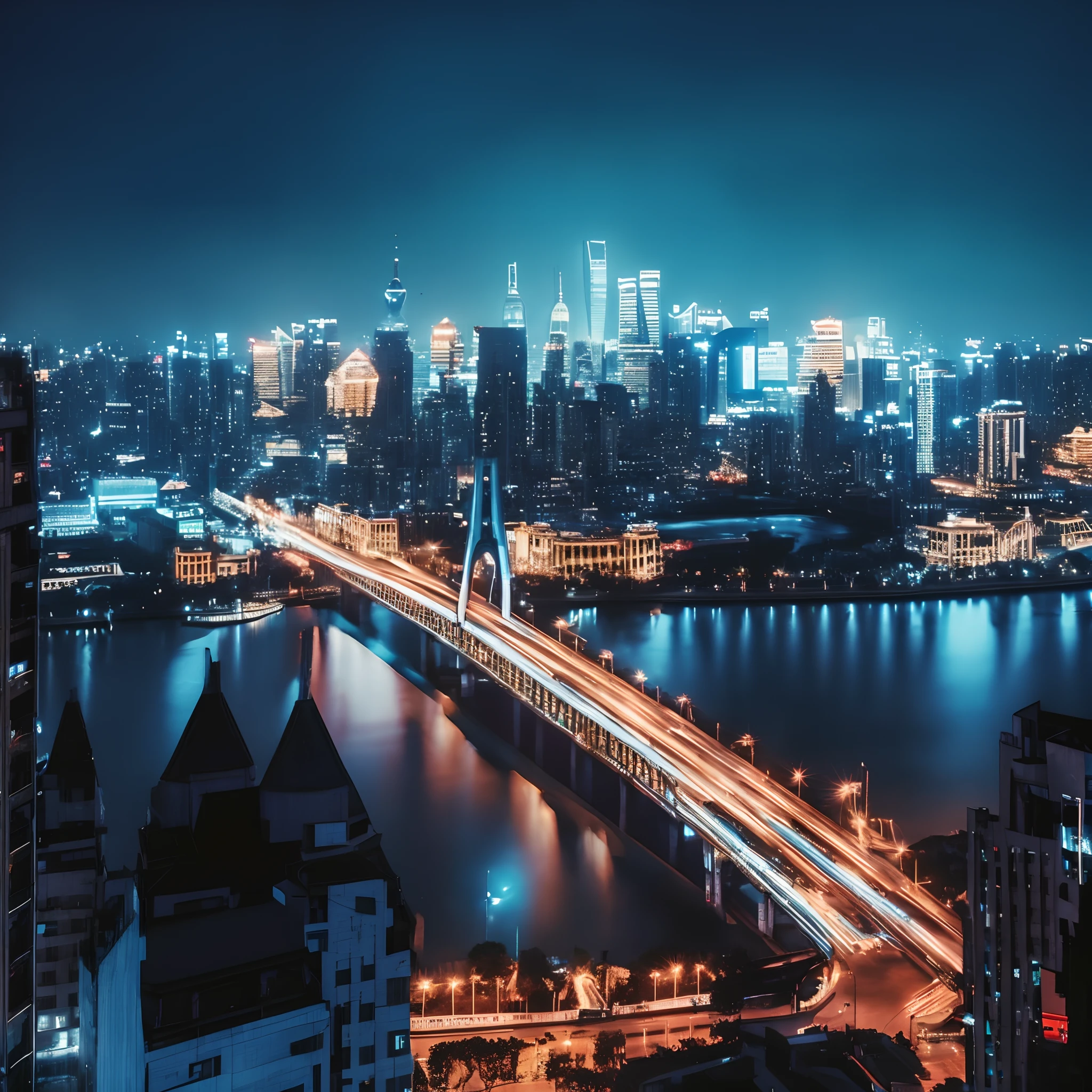 nighttime view of a city with a bridge and a river, shanghai city, shanghai, beautiful cityscape, beautiful city of the future, city in the background, busy cityscape, tech city in the background, beautiful city, blue hour photography, photography shot at blue hour, city backdrop, city in backround, city in background, chinese new year in shanghai, city twilight landscape