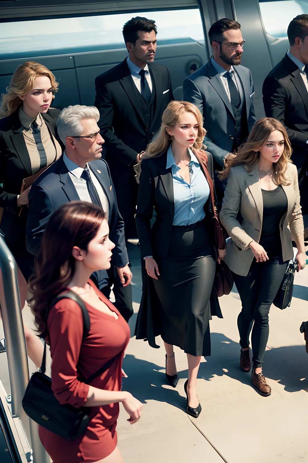 Passengers and crew members boarding an aircraft, todos vestidos con ropa casual, en hiperrealista, Foto realism, Film style.