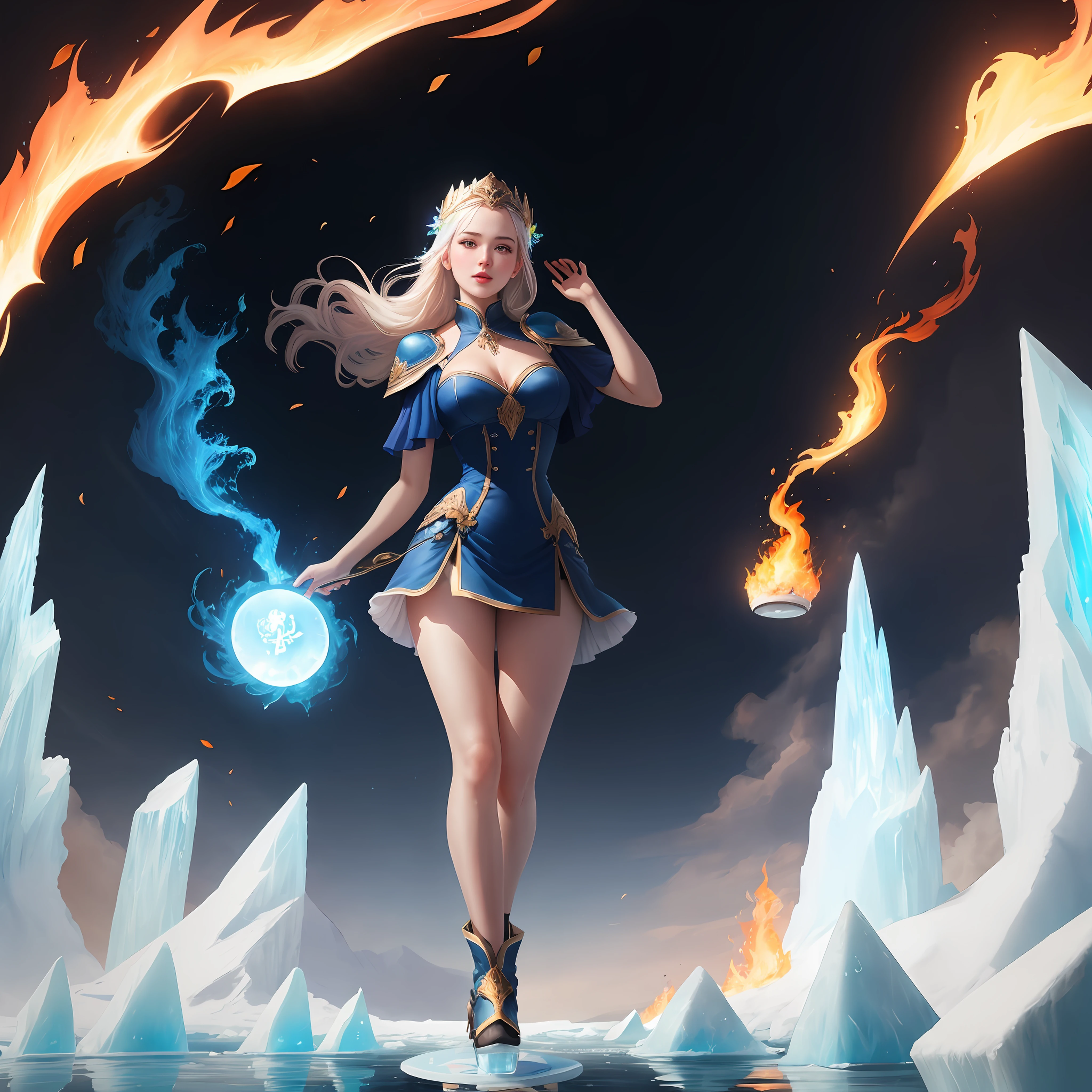 Stand in a disc on the water,Fire in the hands,A circle of fire is raging around the body,Towering icebergs,All Ice World,Endless icebergs,Dark blue light,Art germ on ArtStation Pixiv, Goddess of Light, IG model | Art germ,