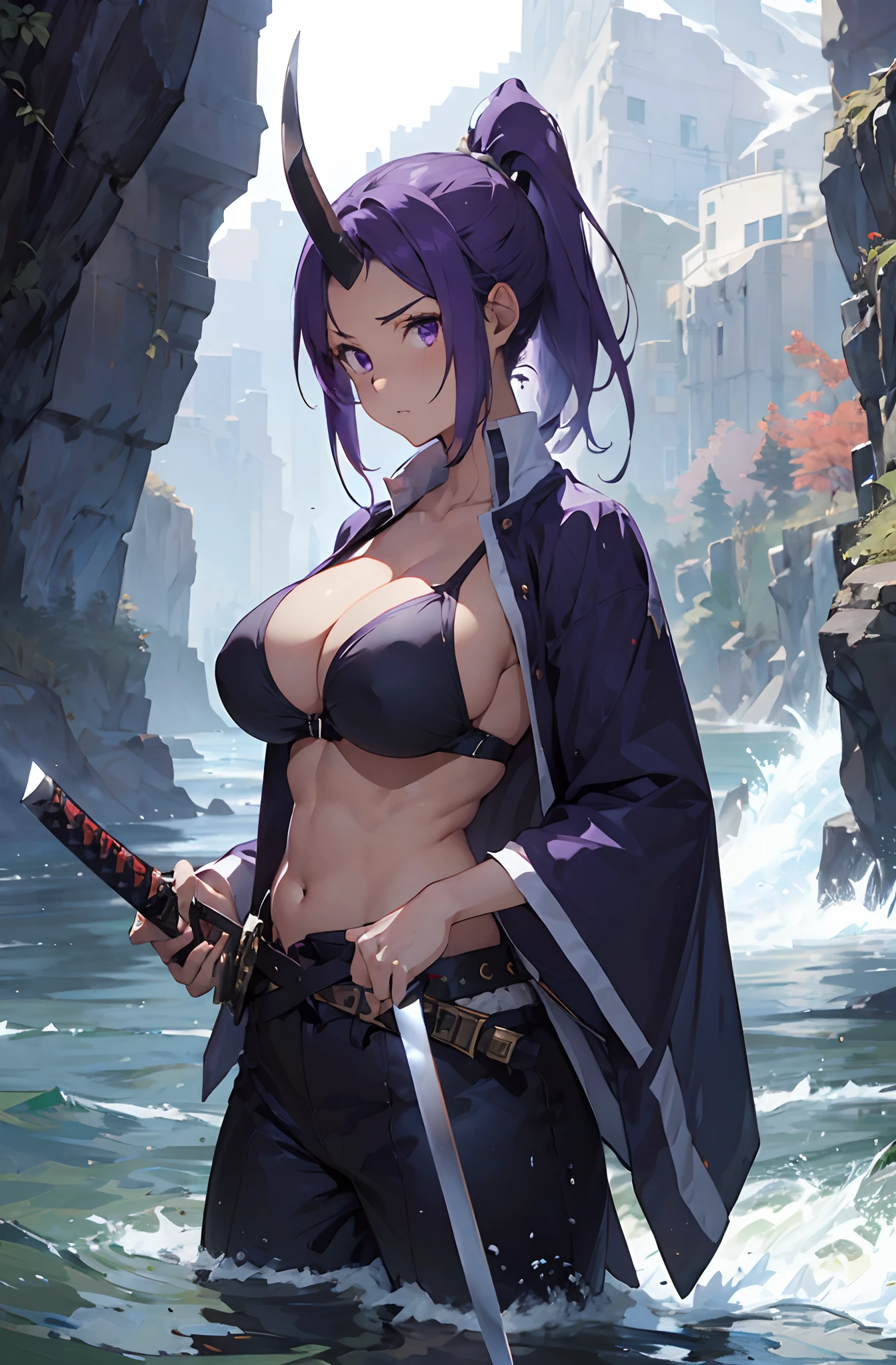 Woman holding sword in right hand near water cliff, 1girl in, arma, muscular, Sword, Solo, muscularwoman, Holding, breasts, holding weapon, katanas, Black hair, holding swords, Looking back, Looking at Viewer,Shion, Single Kikaku, Purple hair, Big Breast, cleavage, Purple eyes, Ponytail