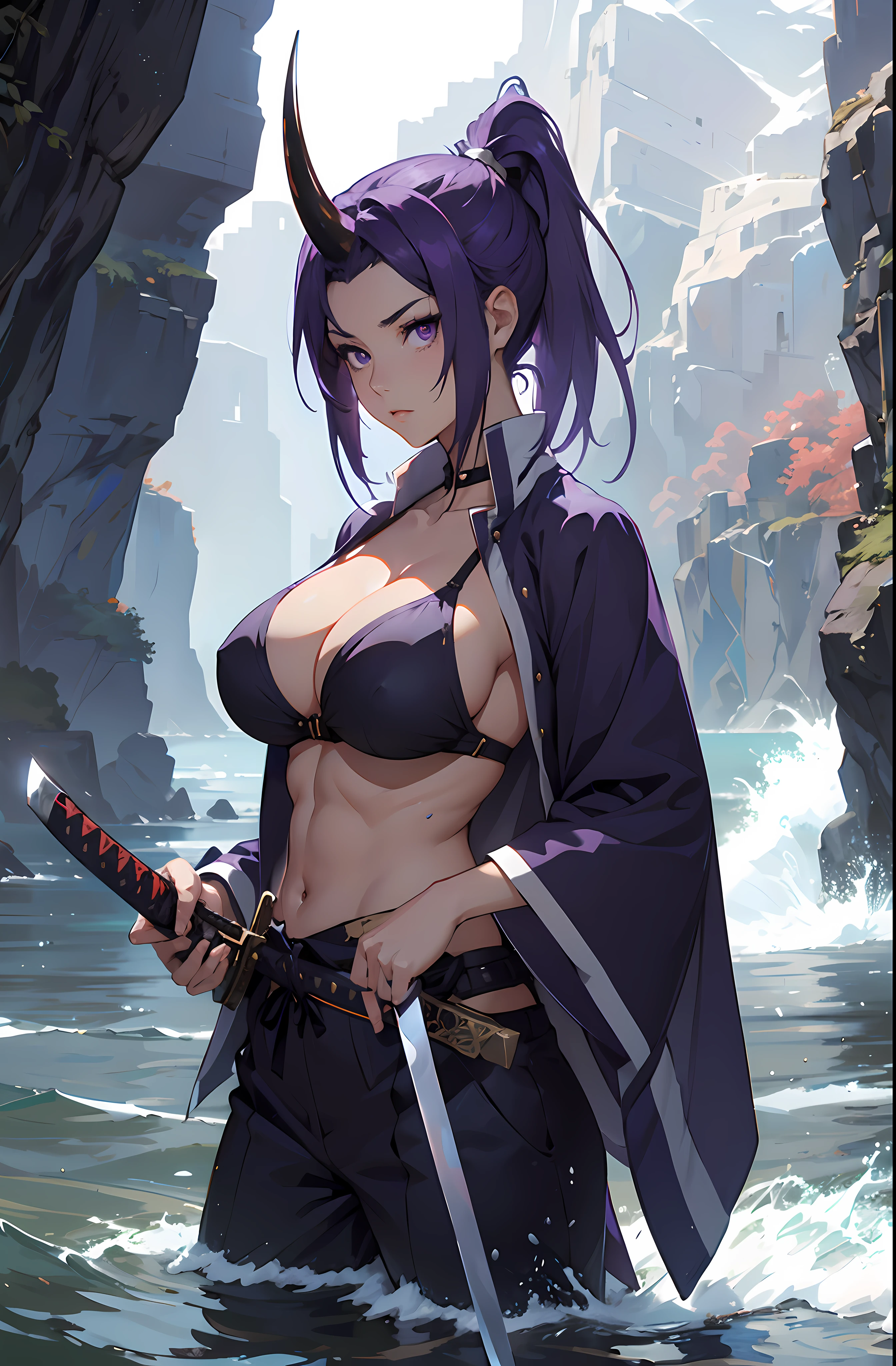 a woman holding a sword in her right hand near a cliff of water, 1girl, weapon, muscular, sword, solo, muscular female, holding, breasts, holding weapon, katana, black hair, holding sword, looking back, looking at viewer,Shion, Single Oni Horn, Purple hair, big breast, cleavage, purple eyes, ponytail