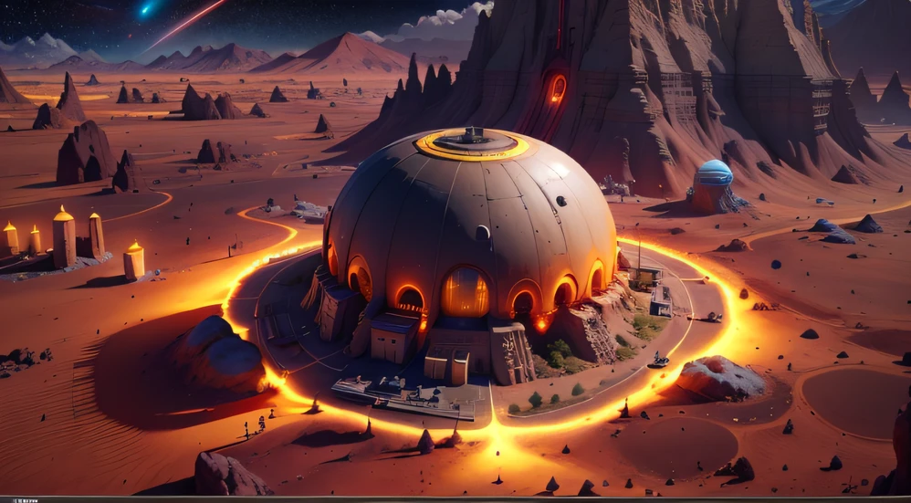 Alien Fall Base (Very detailed) In the mountainous desert，There are several exhaust fans and yellow chimneys, Some neon lights come out of the base to illuminate the dark place, (Extreme nights), Some clouds in the night sky, Some of the surrounding planets provide air to unknown planets，The farthest giant volcano is erupting