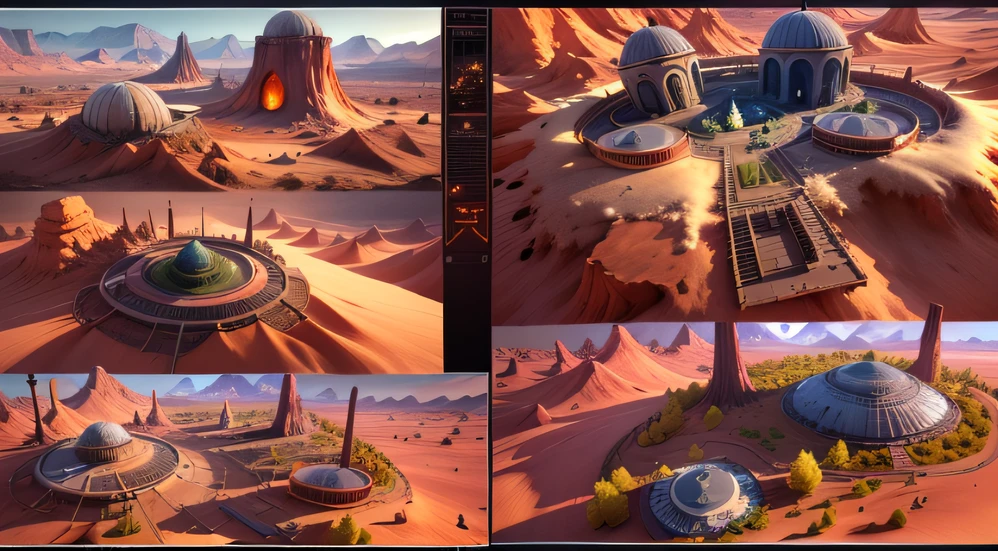 Alien Fall Base (Very detailed) In the mountainous desert,There are several exhaust fans and yellow chimneys, Some neon lights come out of the base to illuminate the dark place, (Extreme nights), Some clouds in the night sky, Some of the surrounding planets provide air to unknown planets,The farthest giant volcano is erupting