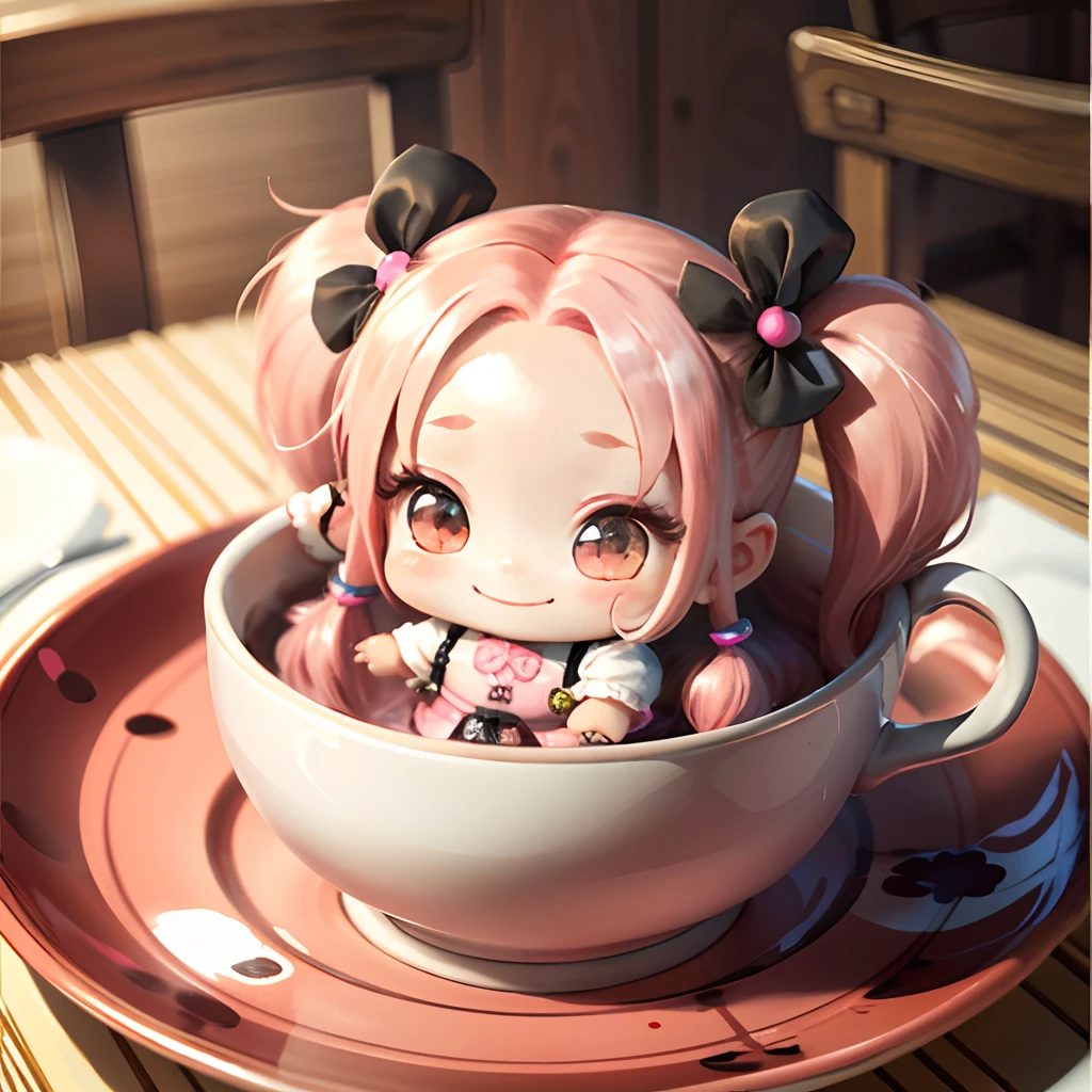 Cute chibi anime sitting on a plate, long pink hair with twin tails、Wear rainbow mini dresses, Smiling, Logo is cheap