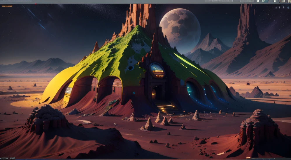 Alien Fall Base (Very detailed) In the mountainous desert，There are several exhaust fans and yellow chimneys, Some neon lights come out of the base to illuminate the dark place, (Extreme nights), Some clouds in the night sky, Some of the surrounding planets provide air to unknown planets，The farthest giant volcano is erupting