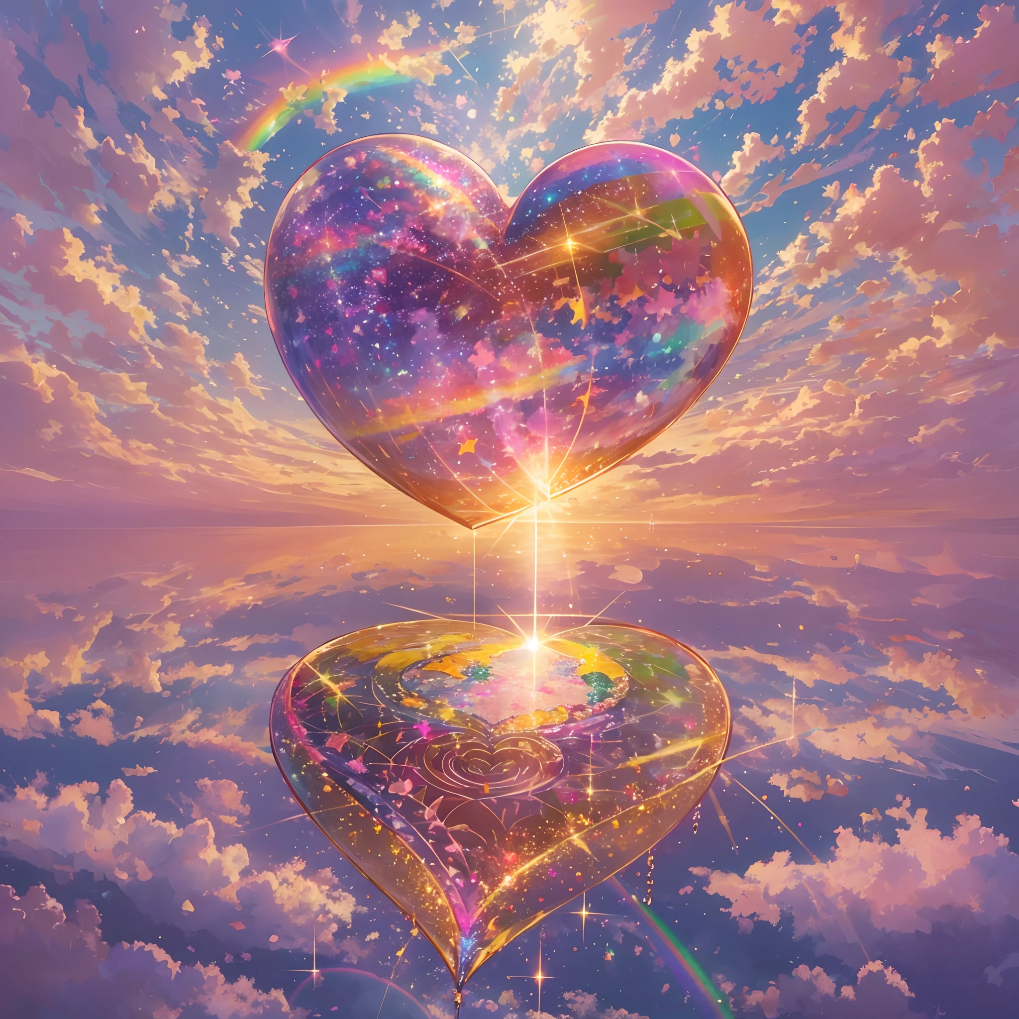 Floating in the air above the sea, a colossal heart radiates rainbow colors that sparkle and shimmer in the sun.