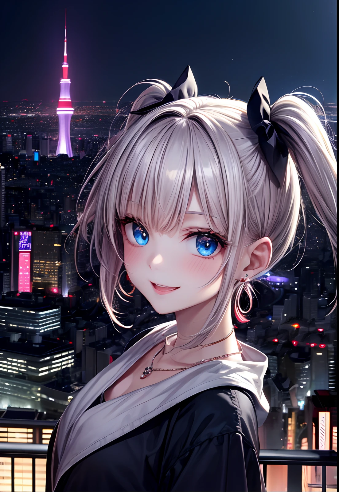 absurderes, (独奏:1.5,)ultra-detailliert,bright colour, extremely beautiful detailed anime face and eyes, view straight on, ;D, shiny_skin,25 years old, Happy smiling face、Short hair, , asymmetrical bangs, Blonde hair with short twin tails, Shiny hair, Delicate beautiful face, red blush、(Blue eyes), White skin, hair clips, earrings, a necklace, Onepiece、(Midnight Tokyo)、(Lots of neon:1.3),(highrise buildings:1.2),(Scramble crossing)