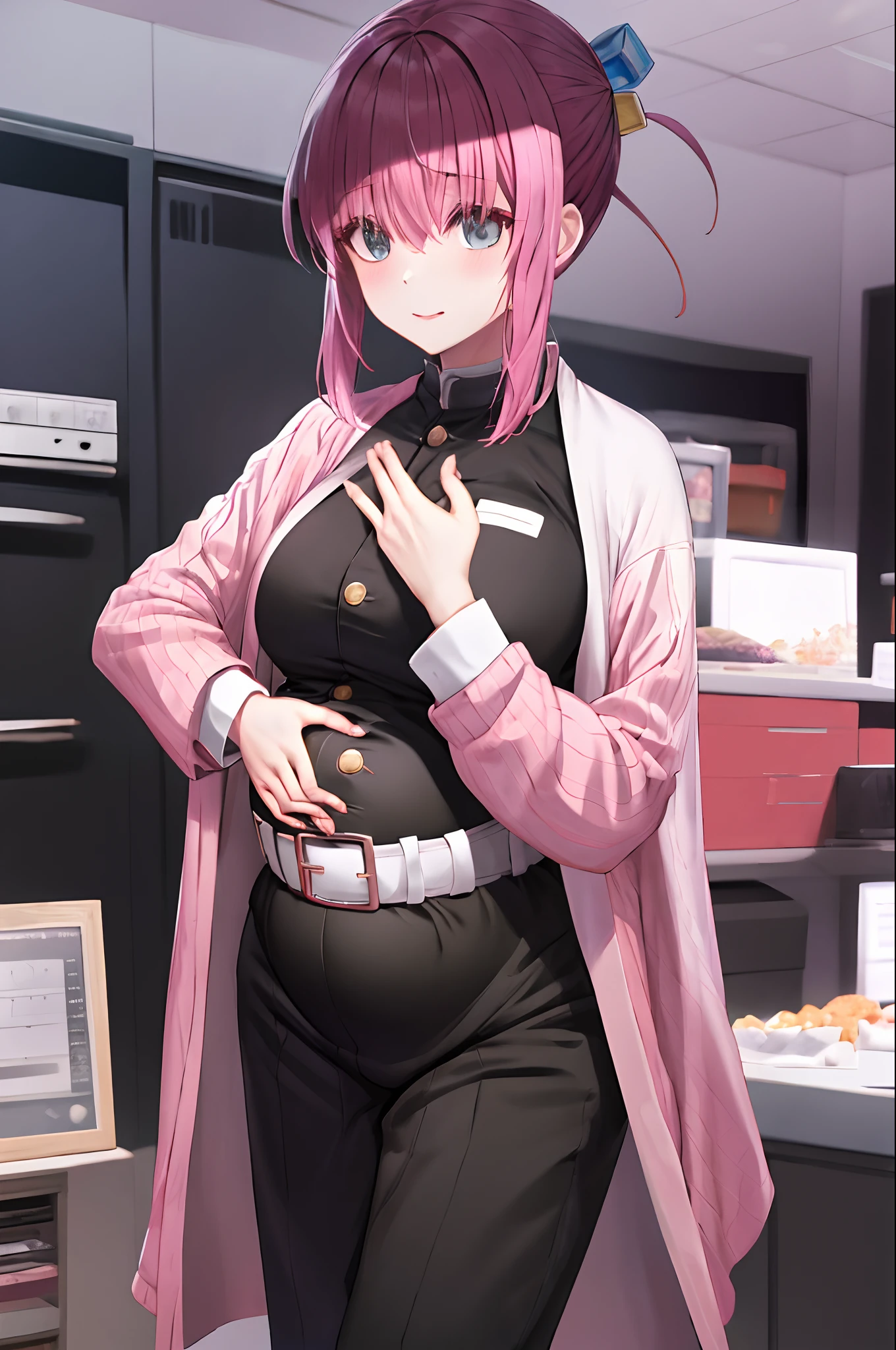 parted bangs, black pants, black jacket, long sleeves, belt, cowboy shot, pink hair, cube hair ornament, pregnant, squat