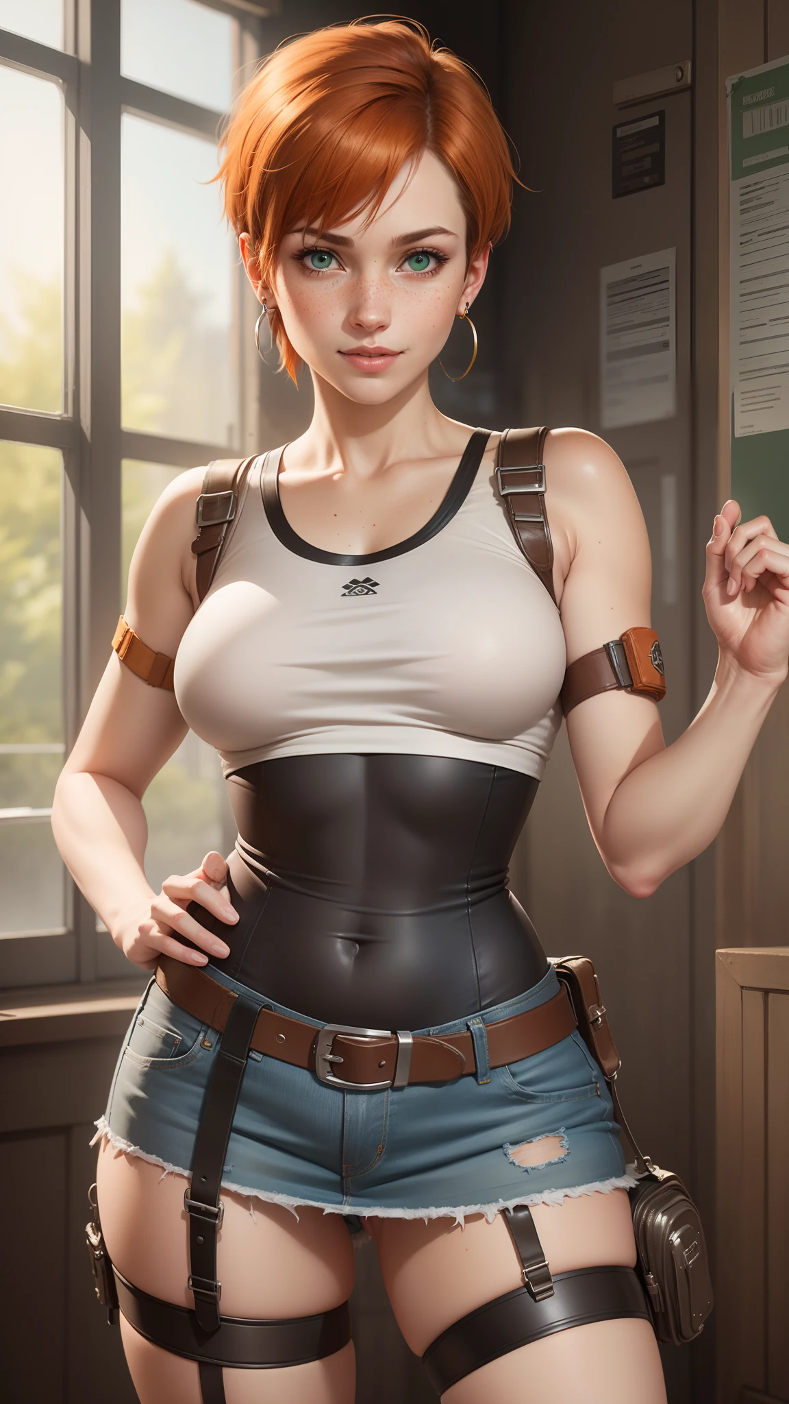 gwen tennyson,tracer,jill valentine, rebecca chambers,lara croft,pilot uniform,ager, green eyes,garter belt,striped underwear,short hair,orange hair,hot springs,shy smile,ginger,white striped top,denim micro skirt,freckles,beautiful girl,stockings,large breasts,ultra detailed,realistic,small earrings,