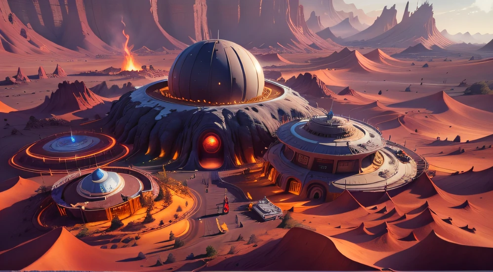 Alien Fall Base (Very detailed) In the mountainous desert,There are several exhaust fans and yellow chimneys, Some neon lights come out of the base to illuminate the dark place, (Extreme nights), Some clouds in the night sky, Some of the surrounding planets provide air to unknown planets,The farthest giant volcano is erupting