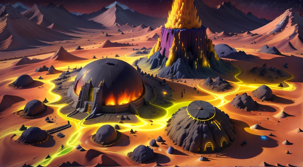 Alien Fall Base (Very detailed) In the mountainous desert，There are several exhaust fans and yellow chimneys, Some neon lights come out of the base to illuminate the dark place, (Extreme nights), Some clouds in the night sky, Some of the surrounding planets provide air to unknown planets，The farthest giant volcano is erupting