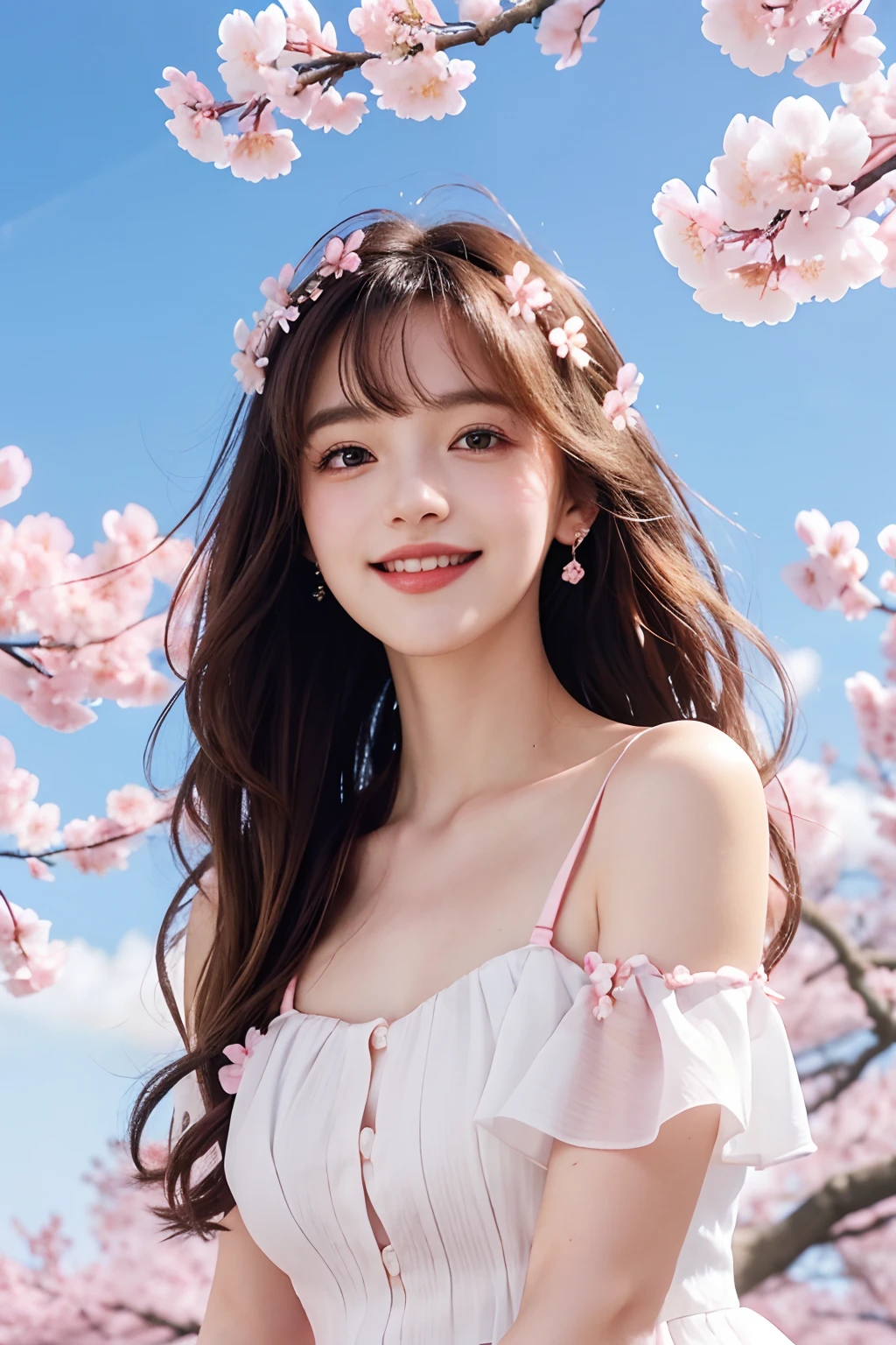 cherry_blossoms, falling_petals, petals, branch, pink_flower, 1girl,20-year-old, blue_sky, spring_\(season\), petals_on_liquid, flower, hanami, dress, (golden long curly hair: 1.5), wearing flower wreath, sky, outdoor, Clouds, bangs, smile, pink eyes, white dress with cherry blossoms, bare shoulders, earrings, best quality. Picture perfect. holding_flower, wind, tree, looking_at_viewer, cowboy shot, detail enhancement.
