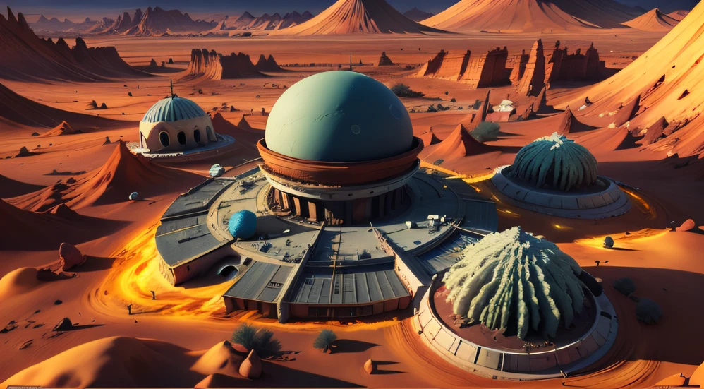 Alien Fall Base (Very detailed) In the mountainous desert,There are several exhaust fans and yellow chimneys, Some neon lights come out of the base to illuminate the dark place, (Extreme nights), Some clouds in the night sky, Some of the surrounding planets provide air to unknown planets,The farthest giant volcano is erupting