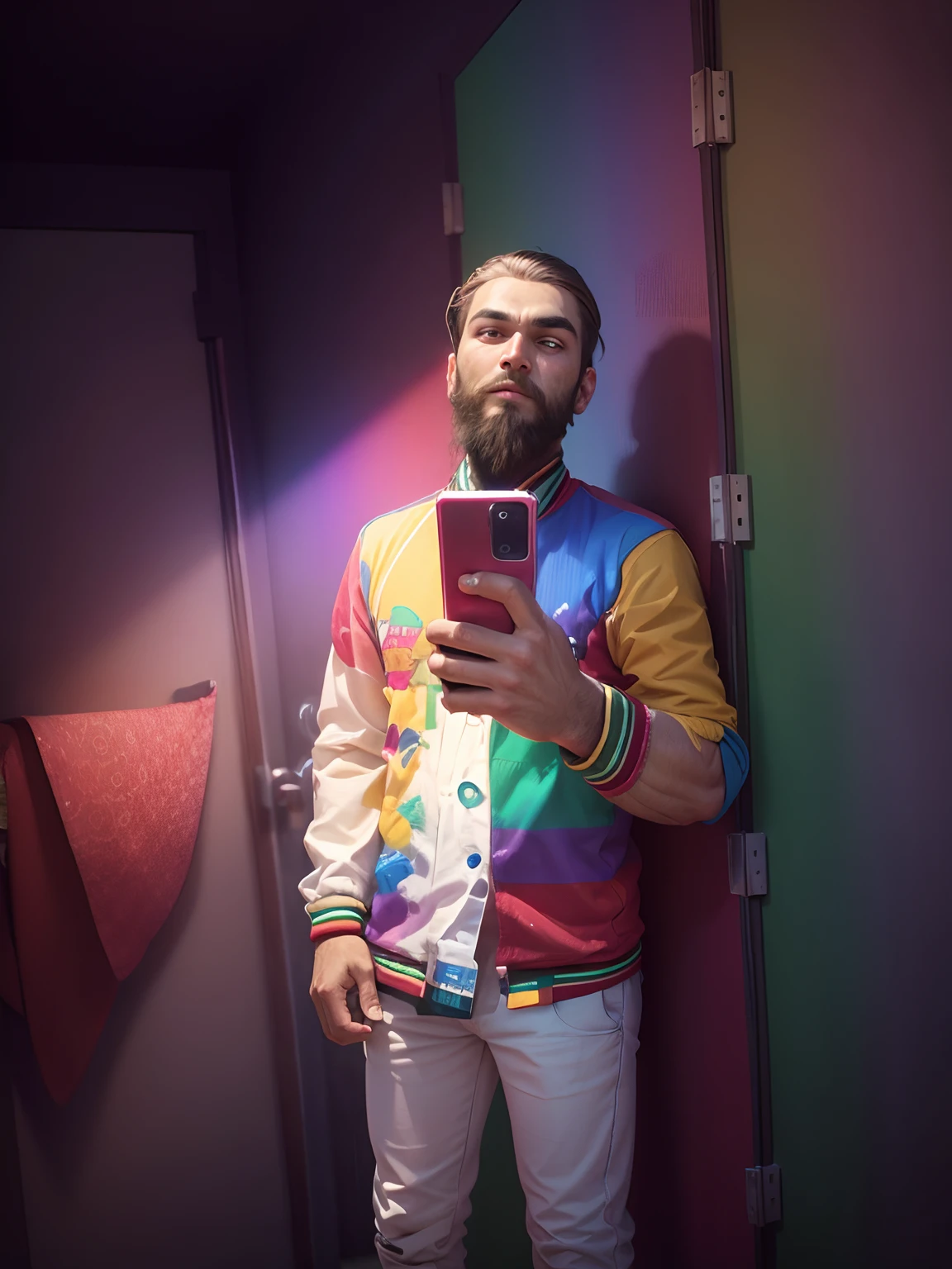 Change background with rainbow colours, minimum full beard, minimum hair.