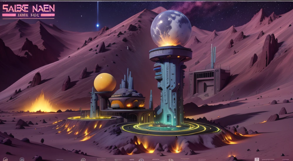 Alien Fall Base (Very detailed) In the mountainous desert,There are several exhaust fans and yellow chimneys, Some neon lights come out of the base to illuminate the dark place, (Extreme nights), Some clouds in the night sky, Some of the surrounding planets provide air to unknown planets,The farthest giant volcano is erupting