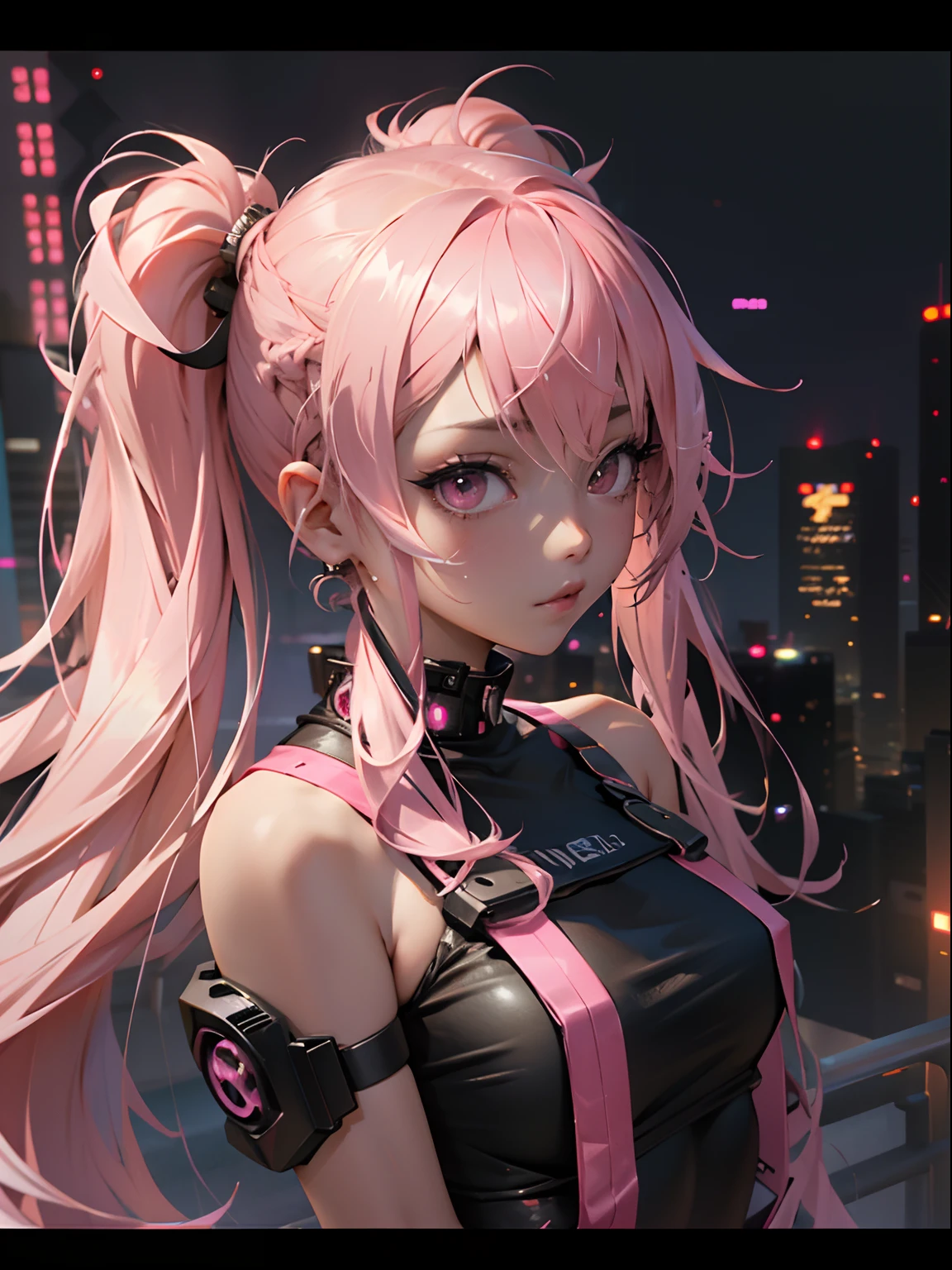 Beautiful woman pink twin tail long hair、cyberpunk style short clothes、gazing at viewer、front facing、full bodyesbian
